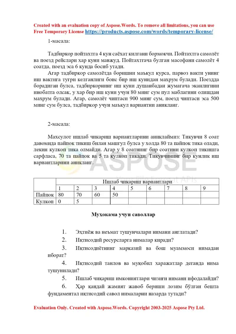 Iqtisodiyot amaliy masalalari to‘plami 1