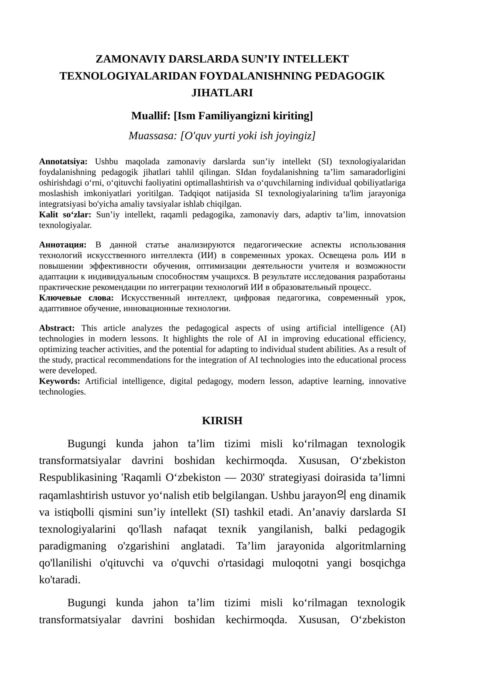 ZAMONAVIY DARSLARDA SUN’IY INTELLEKT TEXNOLOGIYALARIDAN FOYDALANISHNING PEDAGOGIK JIHATLARI 1