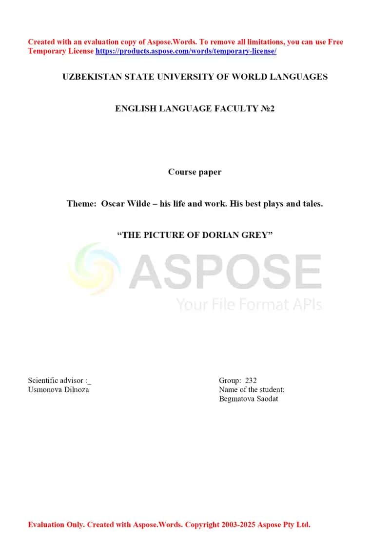 Oscar Wilde – his life and work. His best plays and tales (The Picture of Dorian Grey) 1