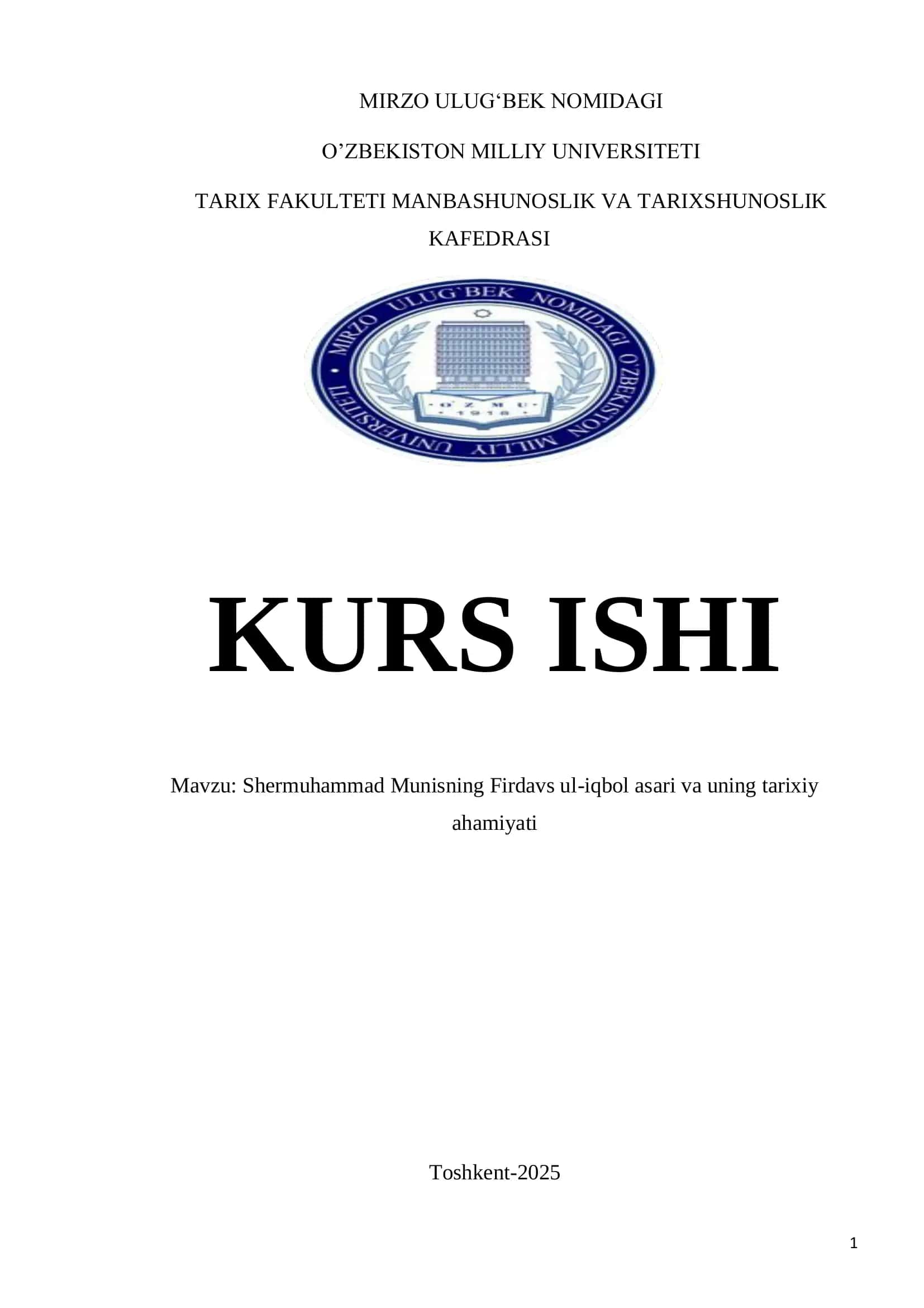 Shermuhammad Munisning Firdavs ul-iqbol asari va uning tarixiy ahamiyati 1
