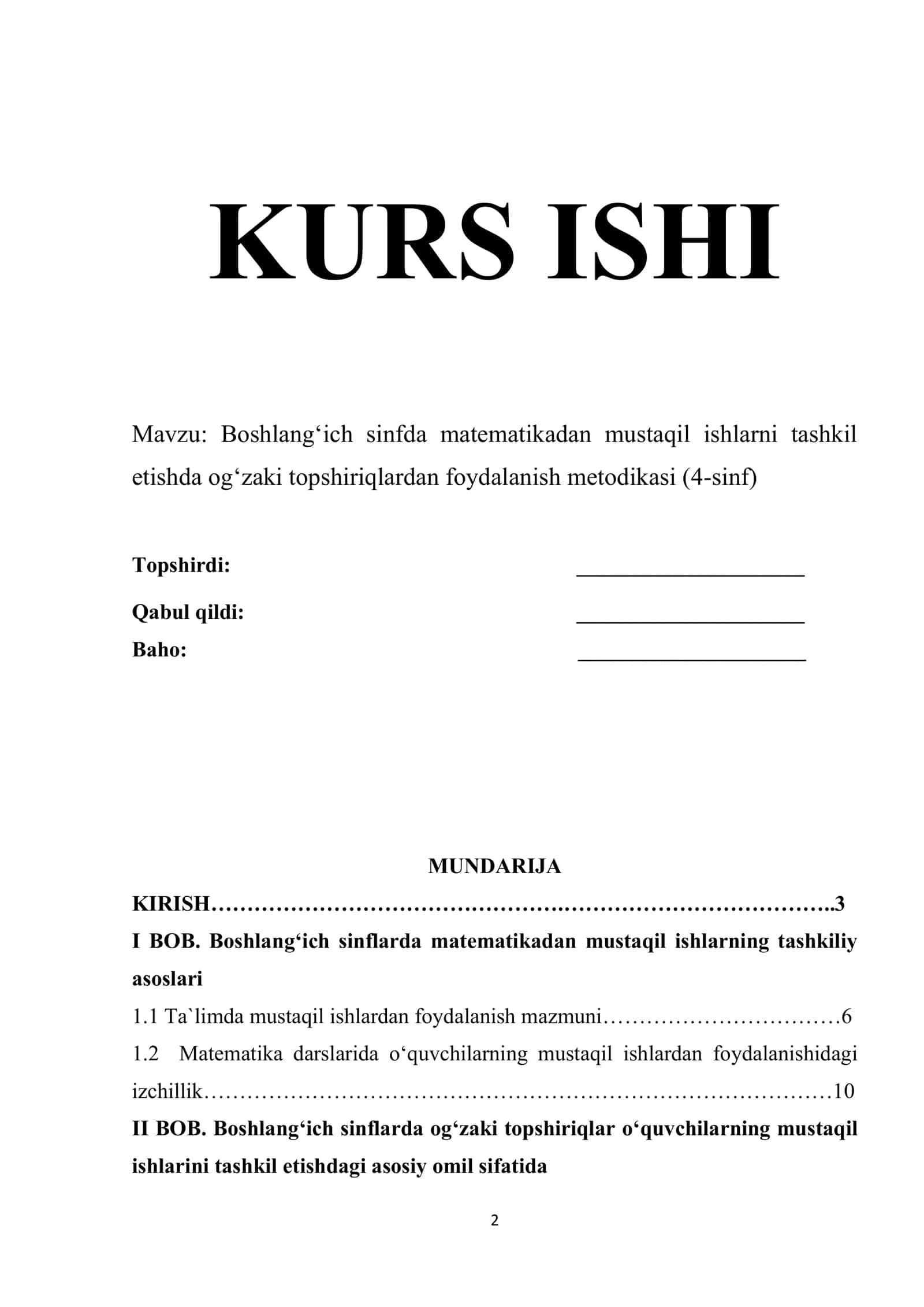 Boshlang‘ich sinfda matematikadan mustaqil ishlarni tashkil etishda og‘zaki topshiriqlardan foydalanish metodikasi (4-sinf) 1