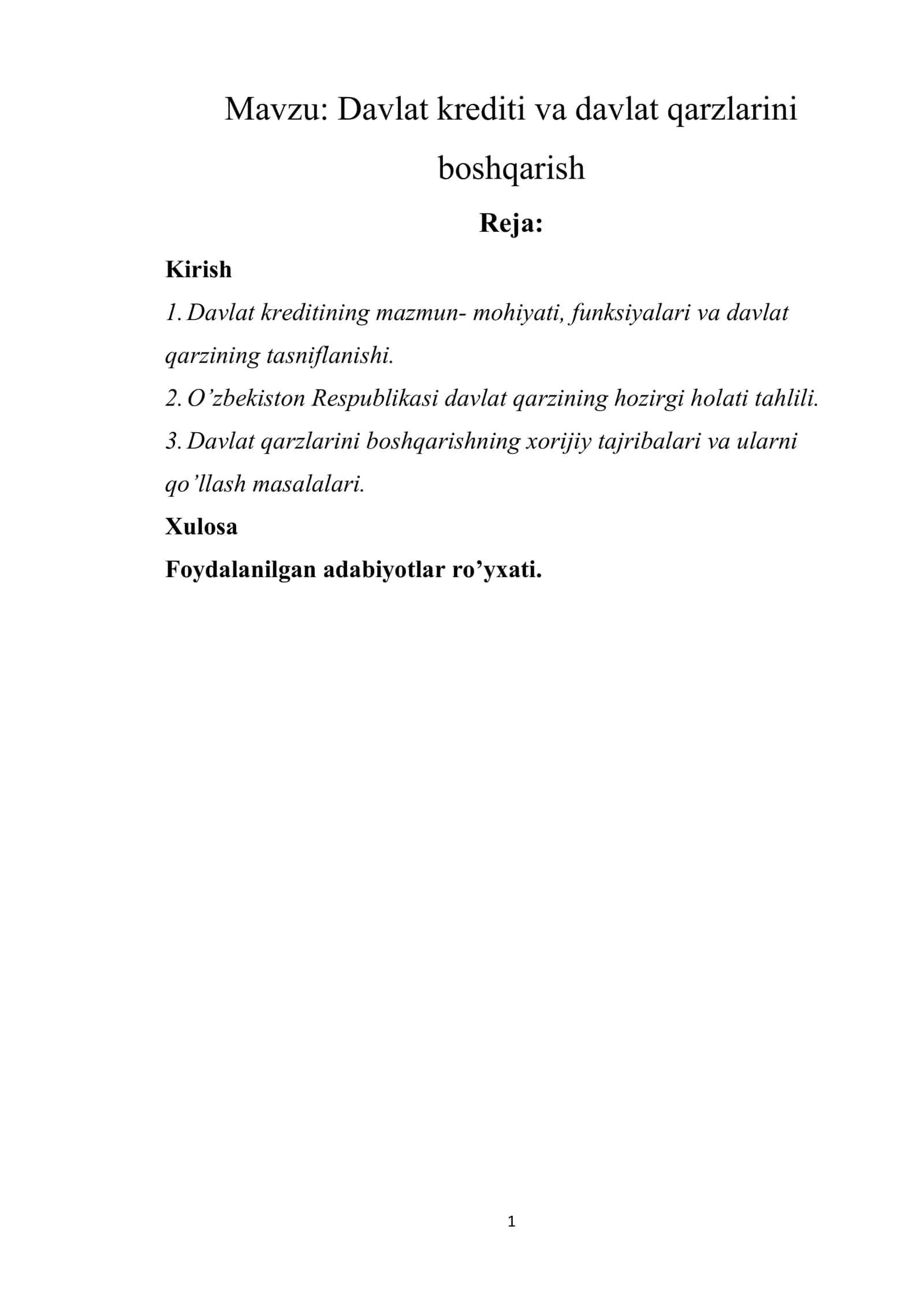 Davlat krediti va davlat qarzlarini boshqarish 1
