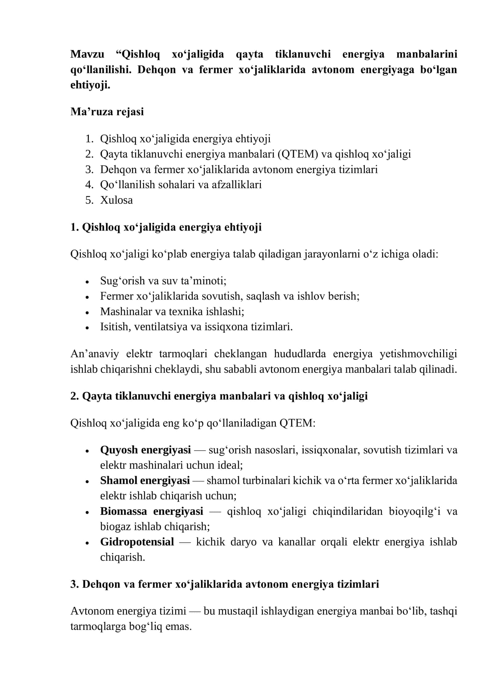 Qishloq xo‘jaligida qayta tiklanuvchi energiya manbalarini qo‘llanilishi 1