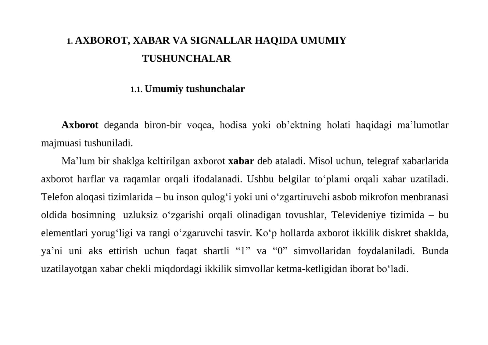 AXBOROT, XABAR VA SIGNALLAR HAQIDA UMUMIY TUSHUNCHALAR 1