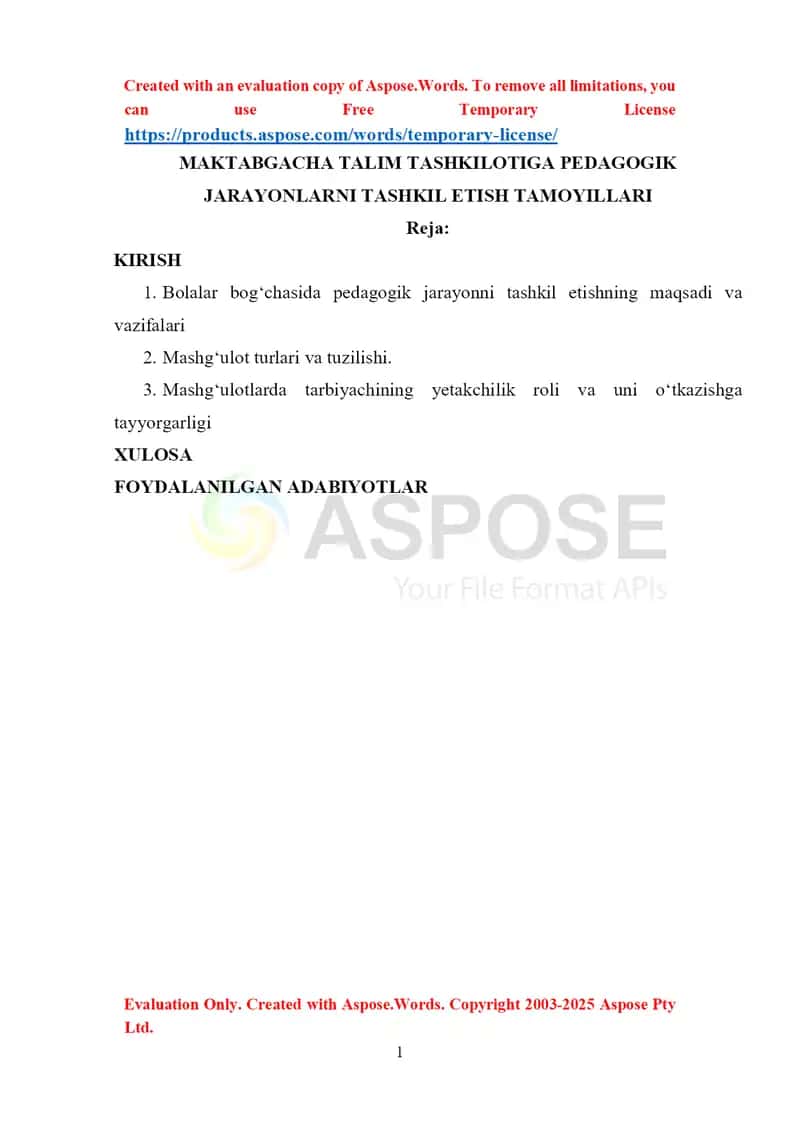 MAKTABGACHA TALIM TASHKILOTIGA PEDAGOGIK JARAYONLARNI TASHKIL ETISH TAMOYILLARI 1