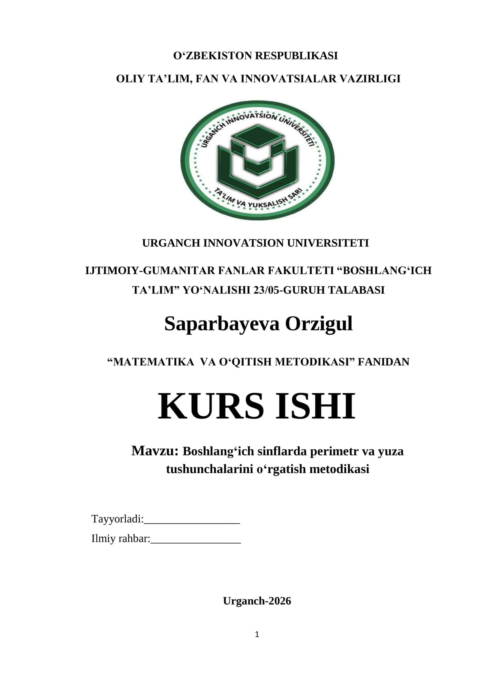 Boshlang‘ich sinflarda perimetr va yuza tushunchalarini o‘rgatish metodikasi 1