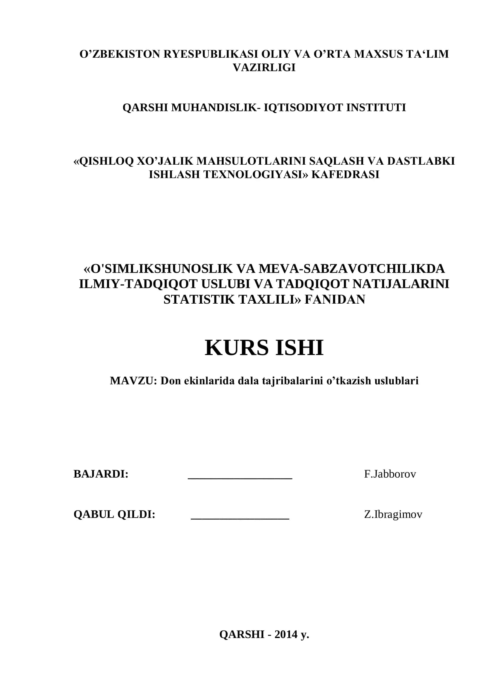 O'simlikshunoslik va meva-sabzavotchilikda ilmiy-tadqiqot uslubi va tadqiqot natijalarini statistik taxlili 1