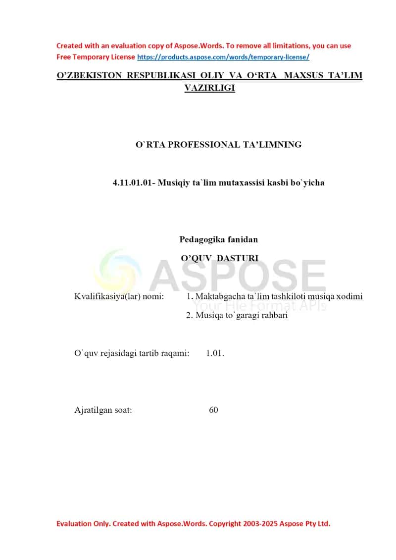 Pedagogika fanidan o‘quv dasturi (4.11.01.01 – Musiqiy ta’lim mutaxassisi) 1