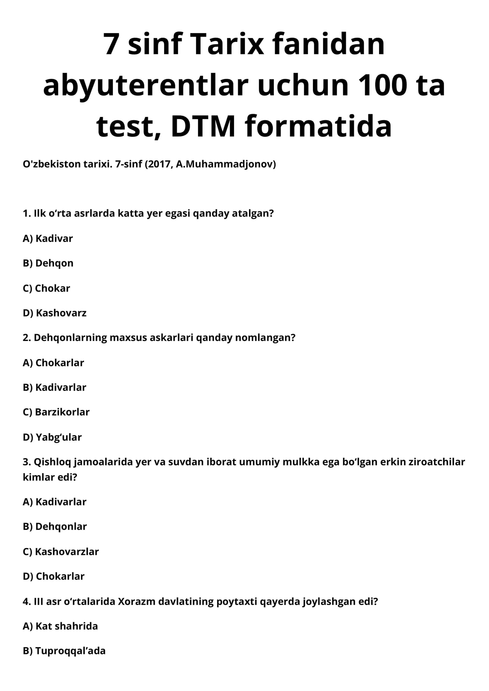 7 sinf Tarix fanidan abyuterentlar uchun DTM FORMATIDA KALITI BILAN 1