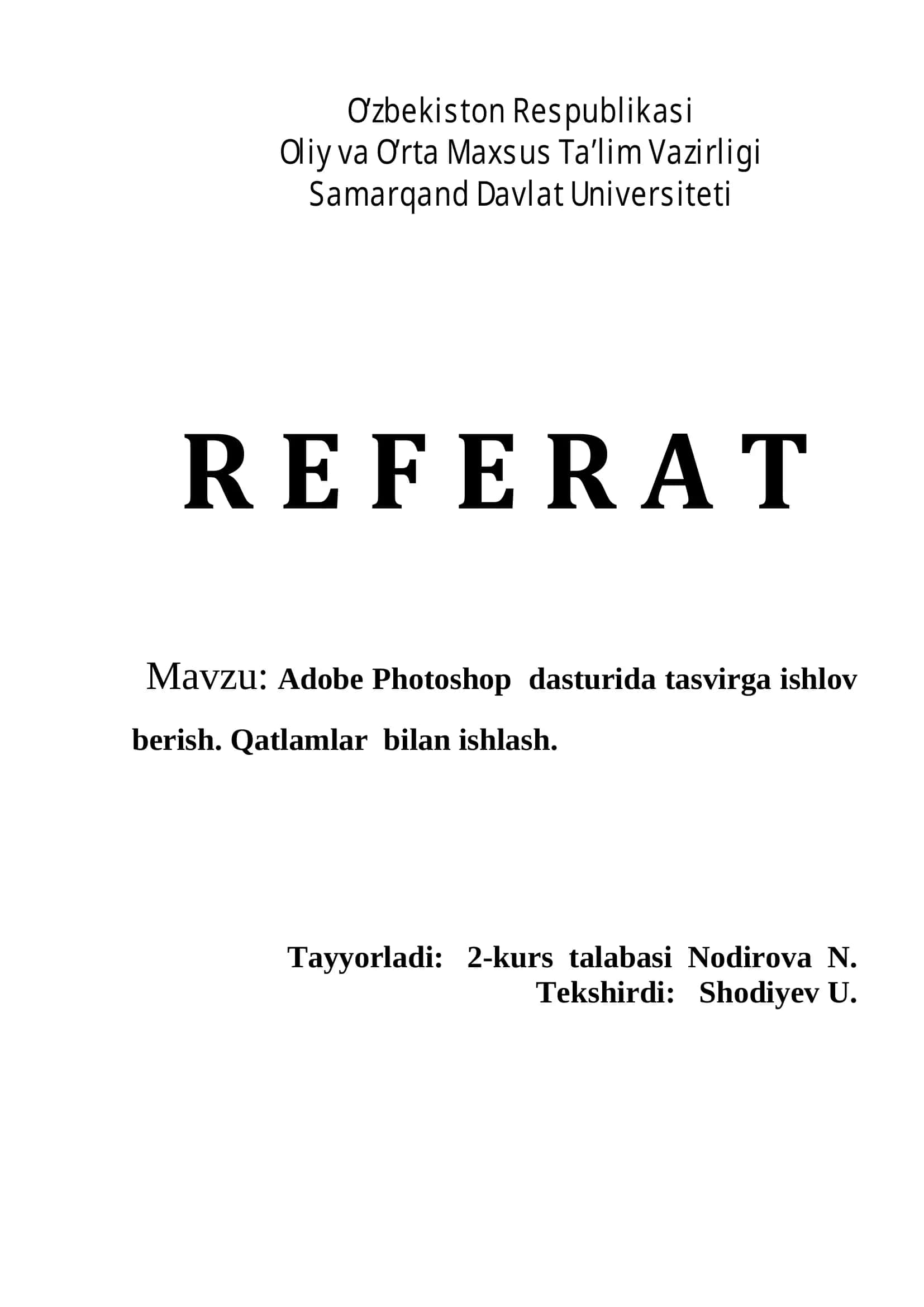 Adobe Photoshop dasturida tasvirga ishlov berish. Qatlamlar bilan ishlash 1