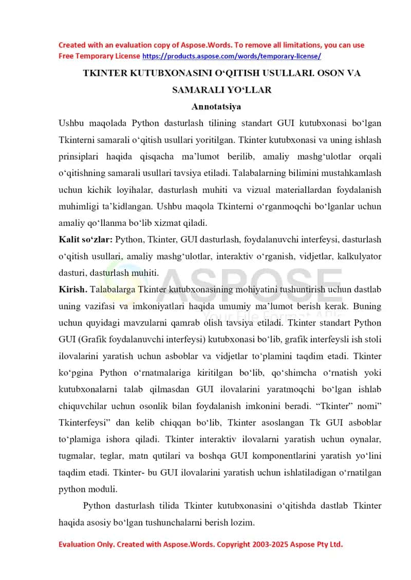 Tkinter kutubxonasini o'qitish usullari 1