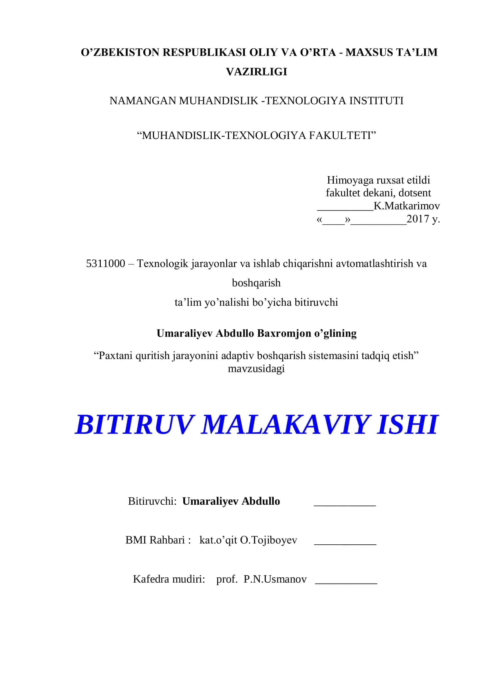 Paxtani quritish jarayonini adaptiv boshqarish sistemasini tadqiq etish 1