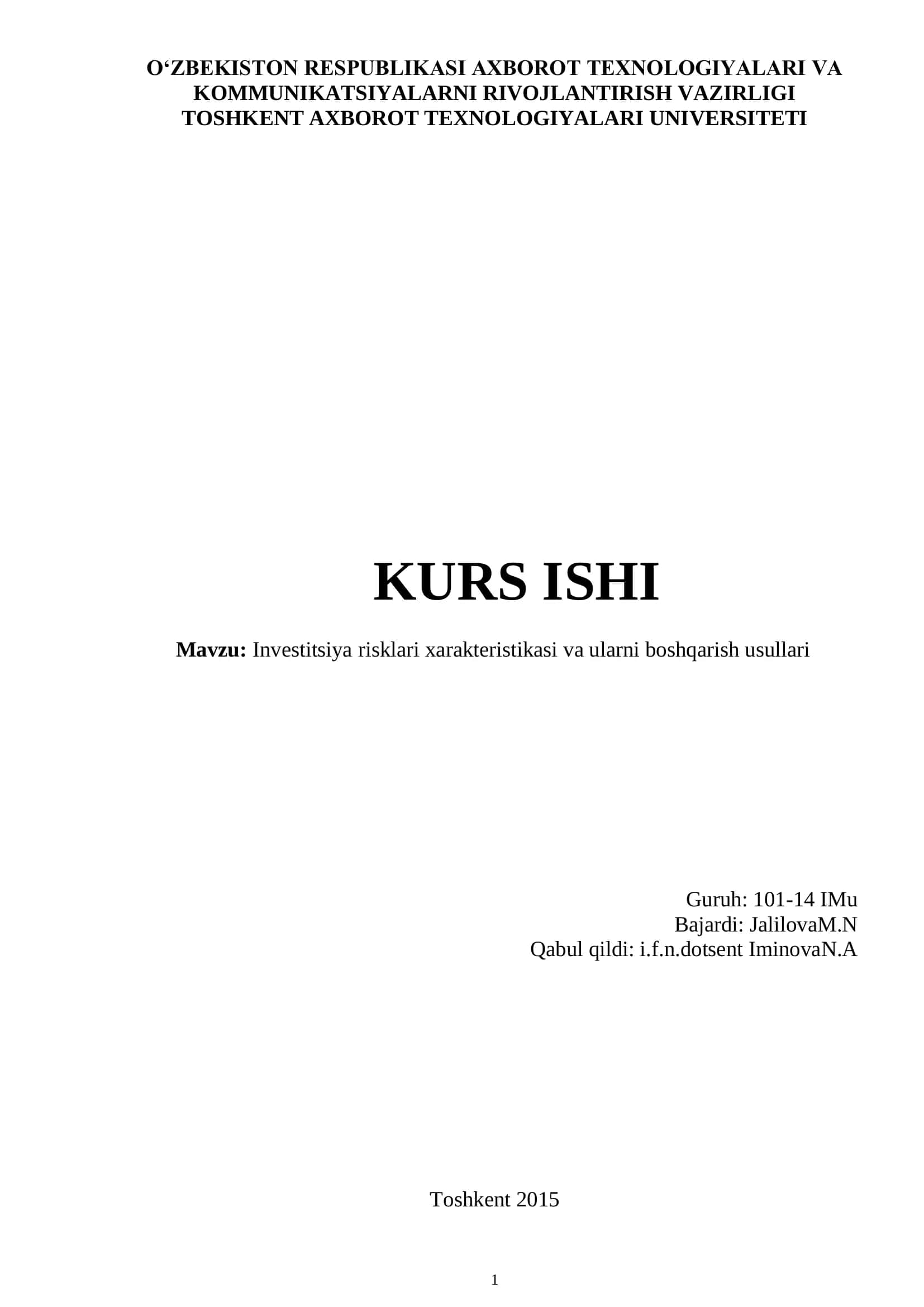 Investitsiya risklari xarakteristikasi va ularni boshqarish usullari 1