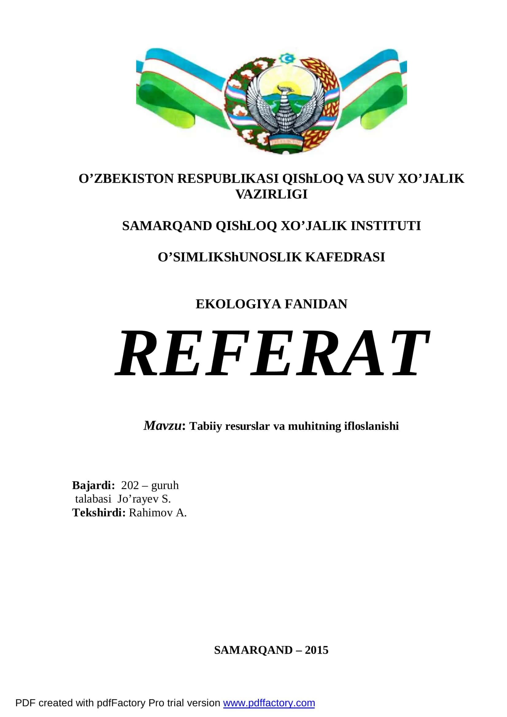 Tabiiy resurslar va muhitning ifloslanishi 1