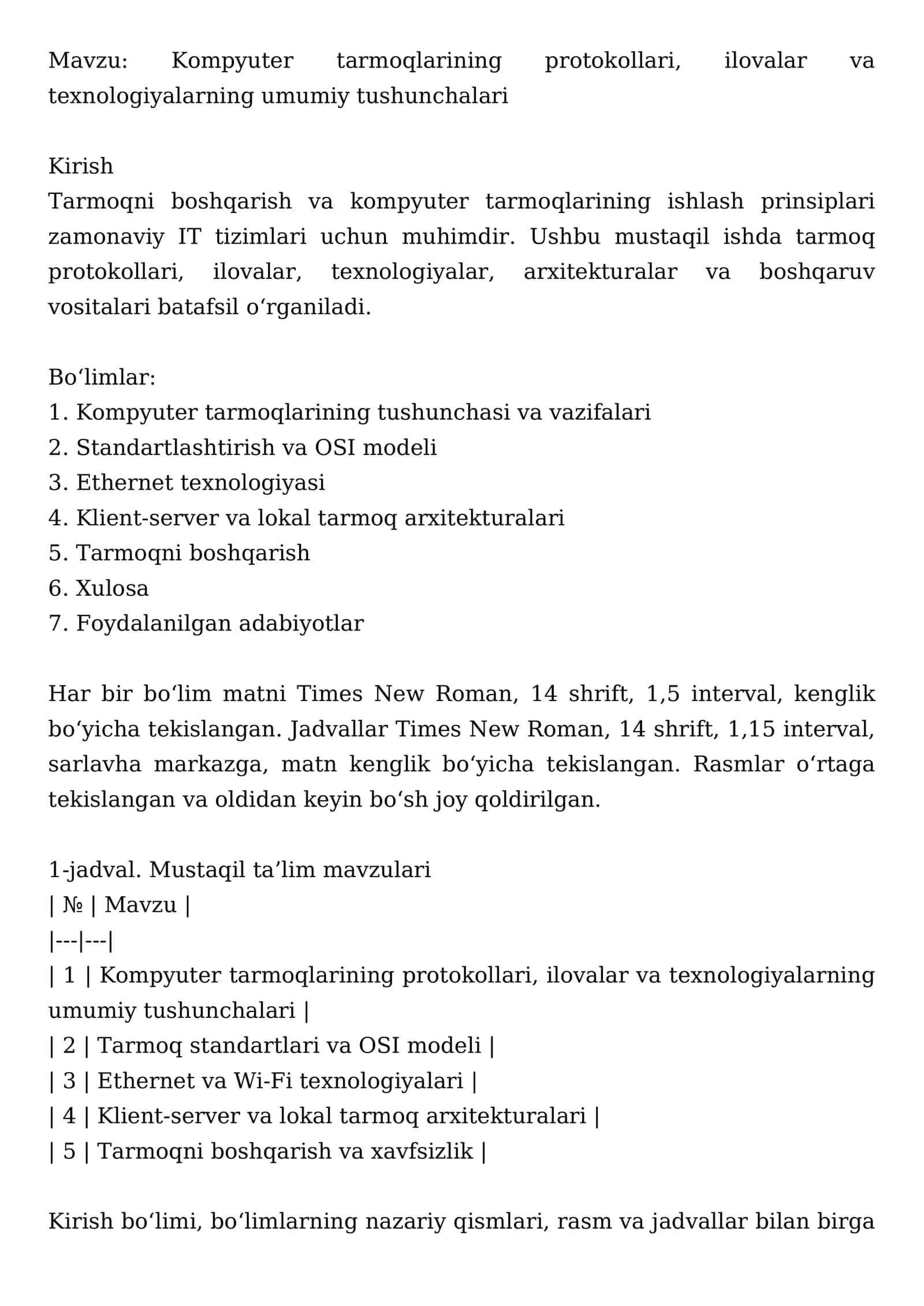 Kompyuter tarmoqlarining protokollari, ilovalar va texnologiyalarning umumiy tushunchalari 1