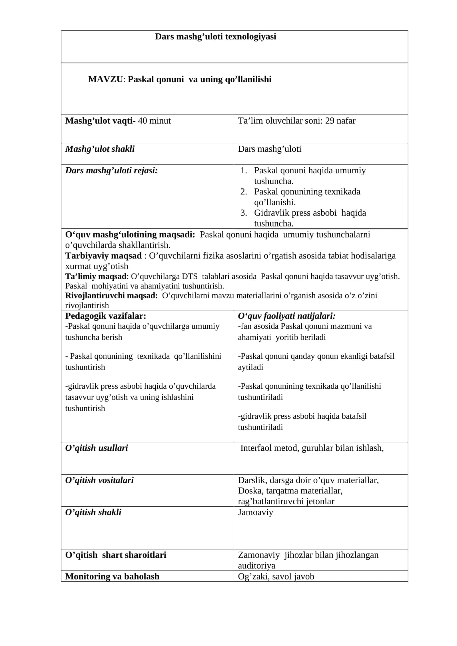Paskal qonuni  va uning qo’llanilishi mavzusida tayyor dars loyiha 1