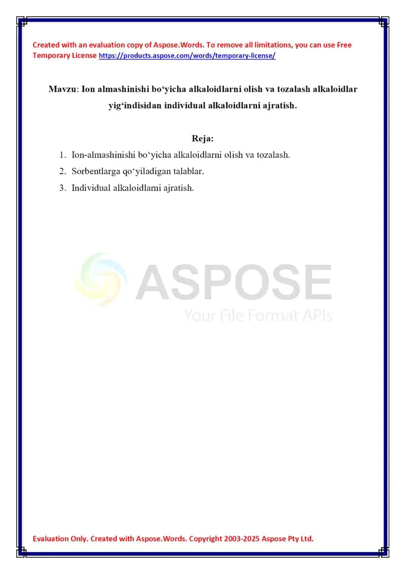 Ion almashinishi bo‘yicha alkaloidlarni olish va tozalash alkaloidlar yig‘indisidan individual alkaloidlarni ajratish. 1
