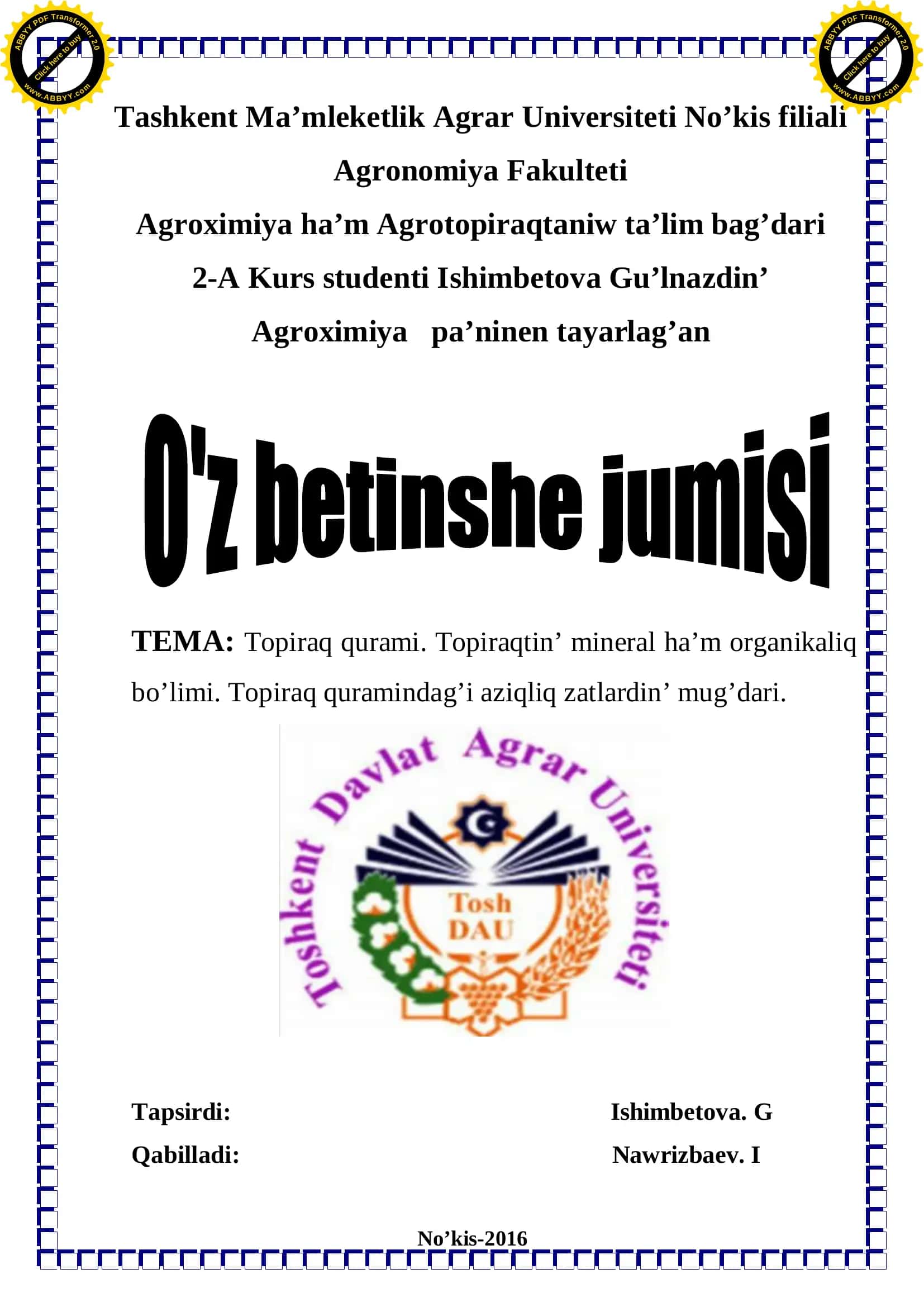Agroximiya pa’ninen tayarlag’an 1