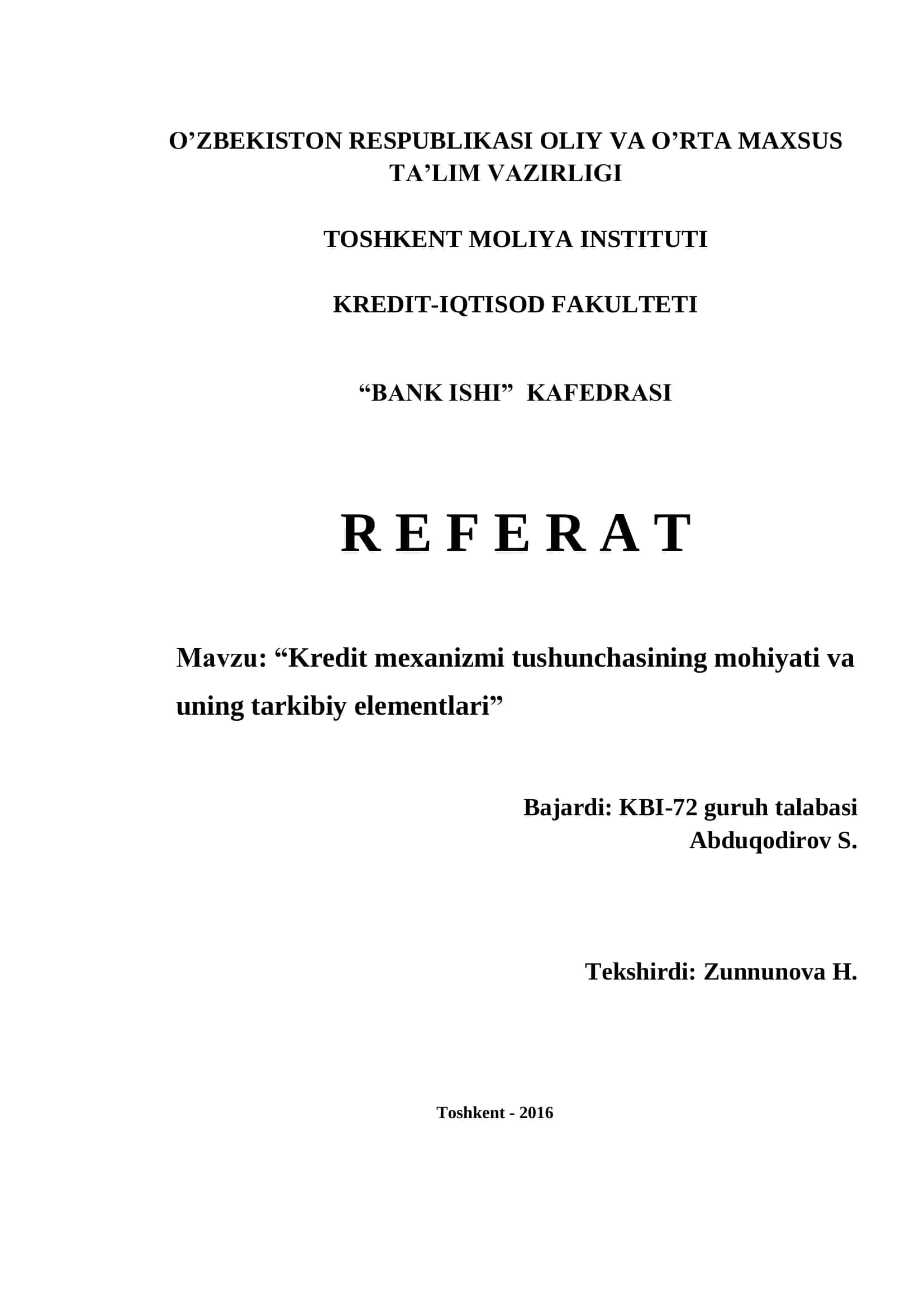 Kredit mexanizmi tushunchasi 1