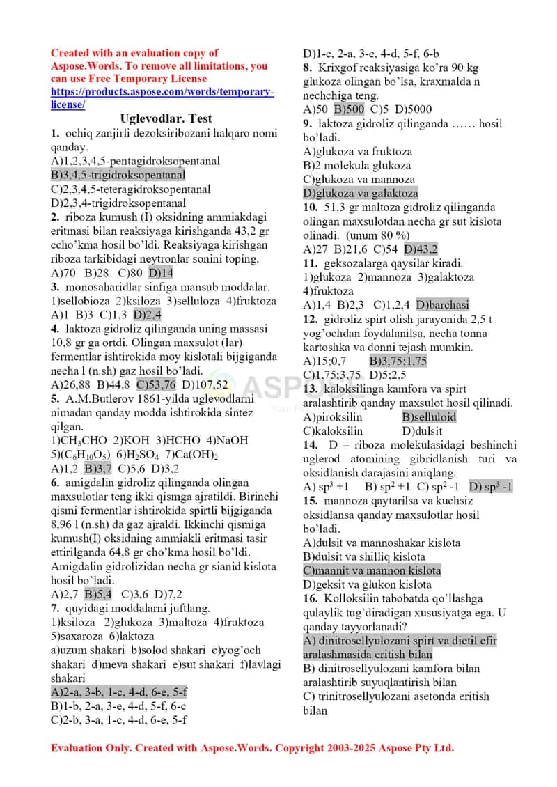 Uglevodlar. Test 1