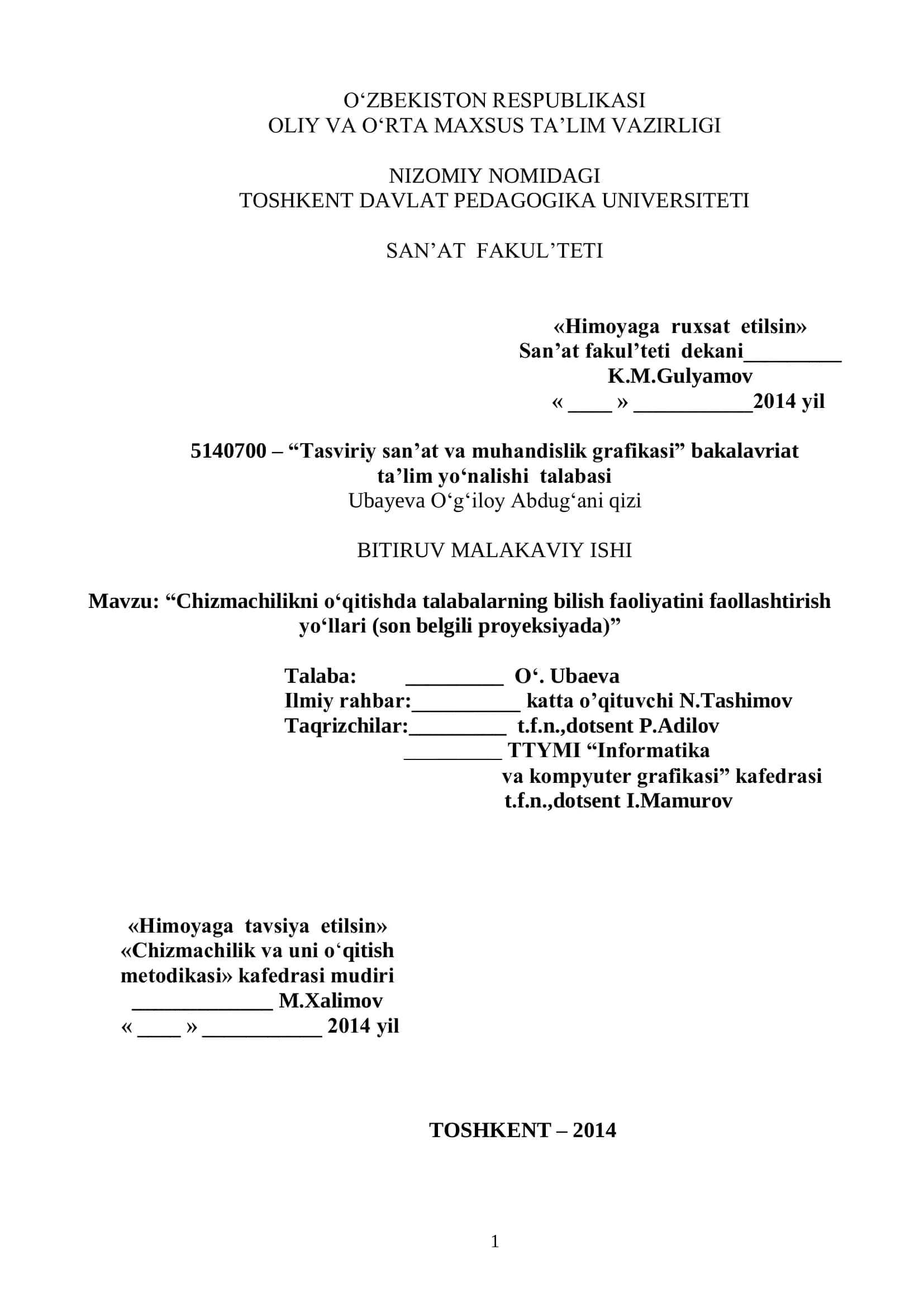 Tasviriy san‟at va muhandislik grafikasi bakalavriat ta‟lim yo„nalishi talabasi BITIRUV MALAKAVIY ISHI 1