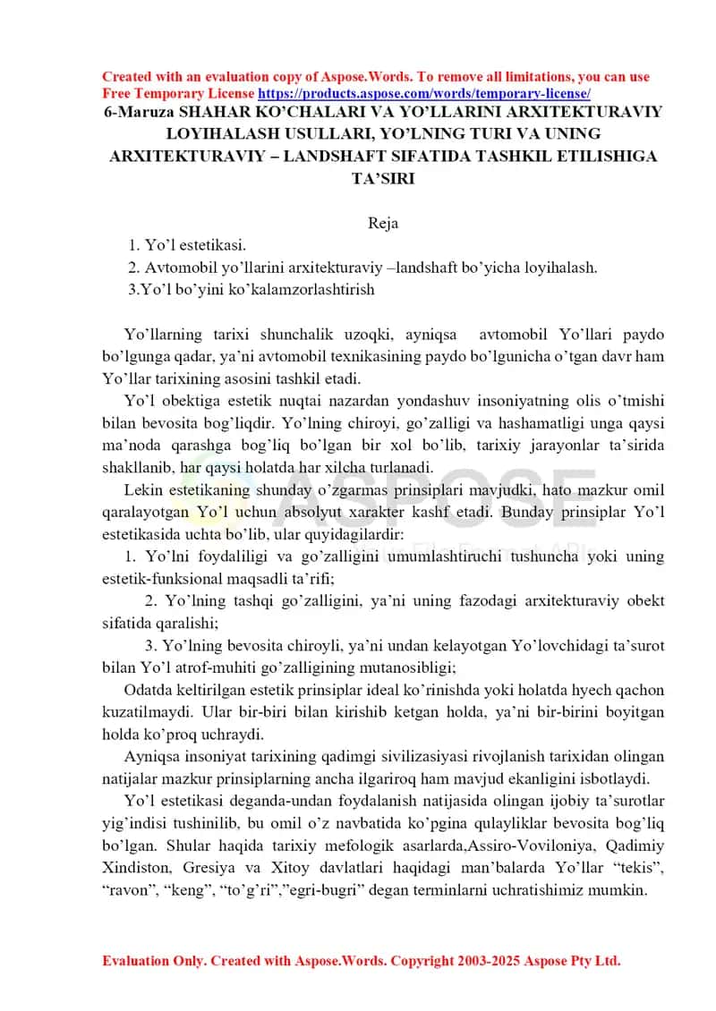 6-Maruza: Shahar ko‘chalari va yo‘llarini arxitekturaviy loyihalash usullari, yo‘lning turi va uning arxitekturaviy-landshaft sifatida tashkil etilishiga ta’siri 1