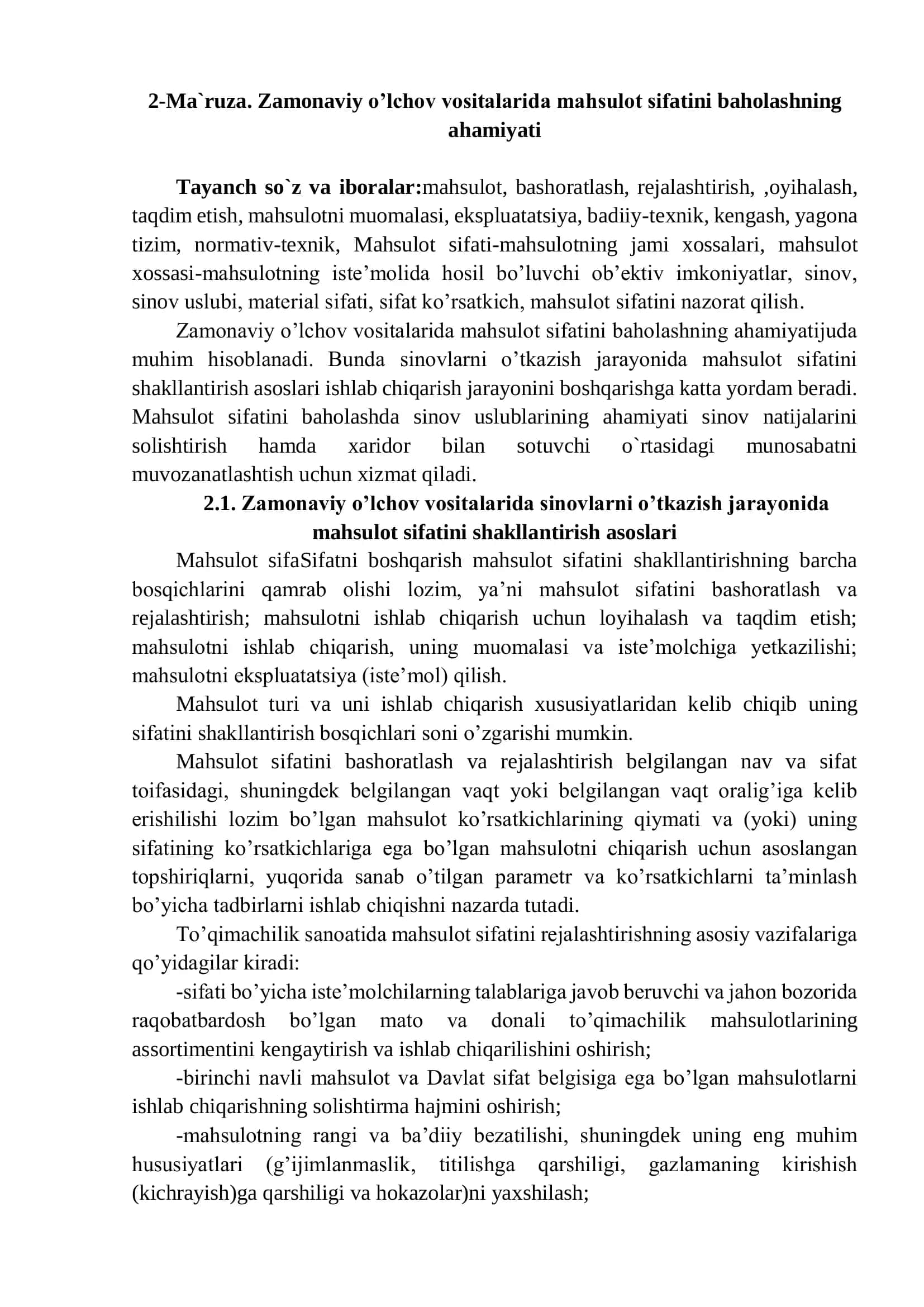 Zamonaviy o’lchov vositalarida mahsulot sifatini baholashning ahamiyati 1