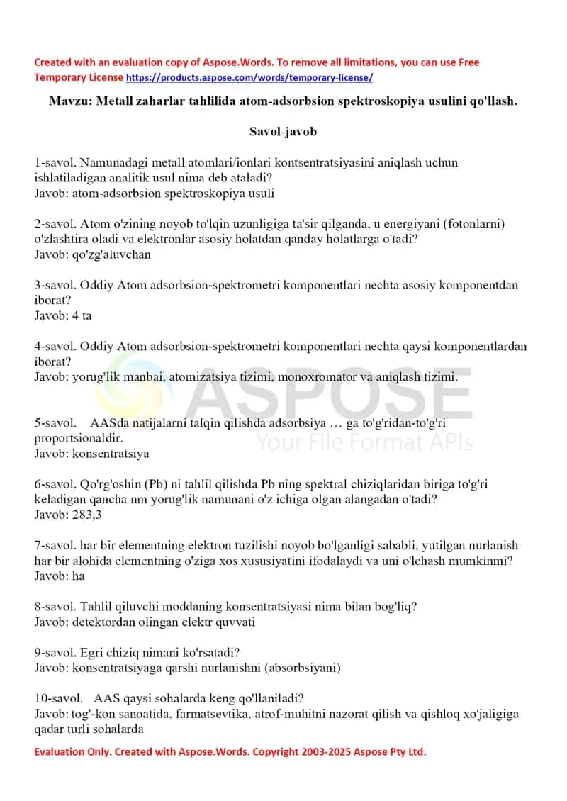 10. Metall zaharlar tahlilida atom-adsorbsion spektroskopiya usulini qo'llash. Savol-javob. 1