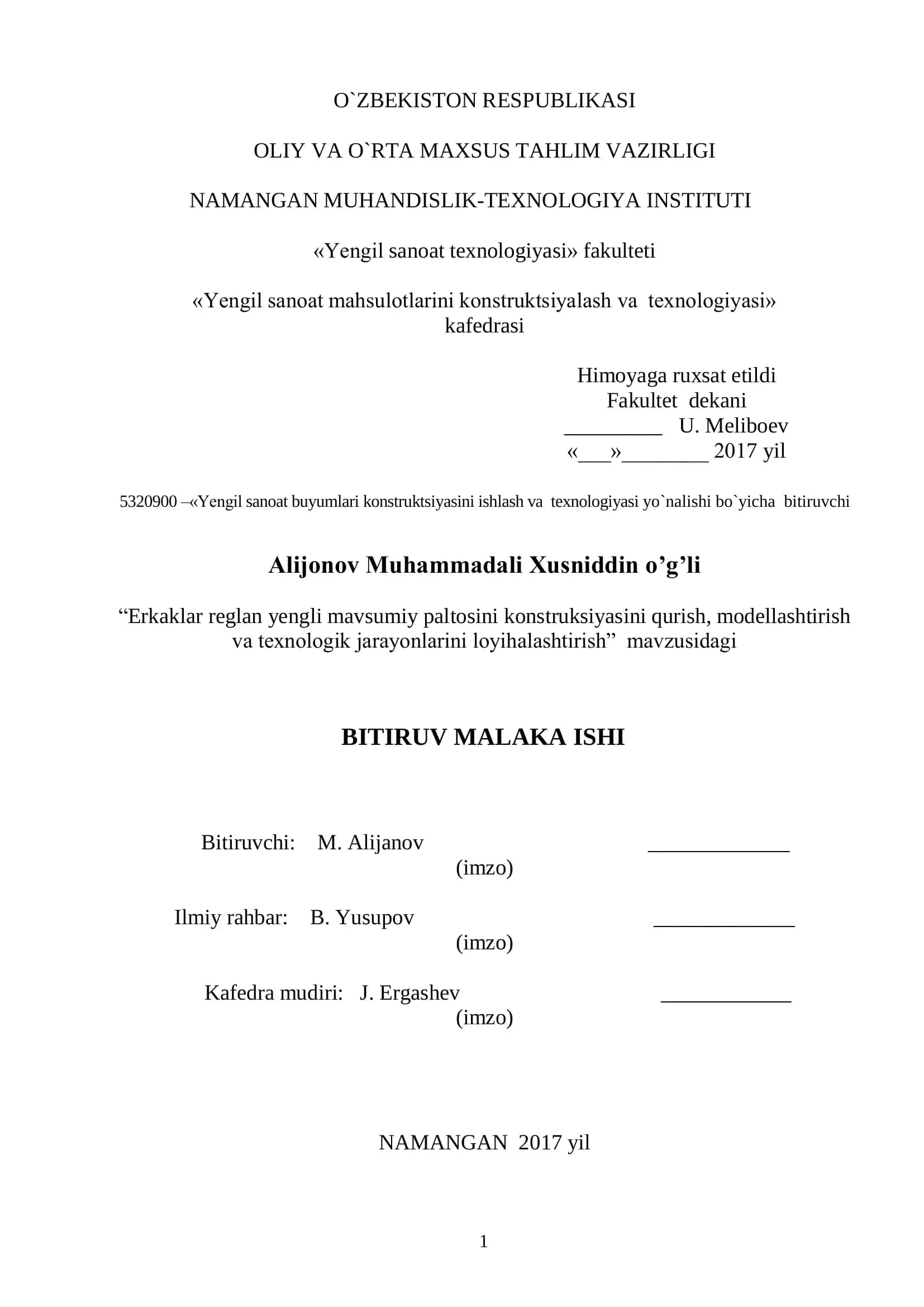 Yengil sanoat buyumlari konstruktsiyasini ishlash va texnologiyasi yo`nalishi bo`yicha bitiruvchi 1