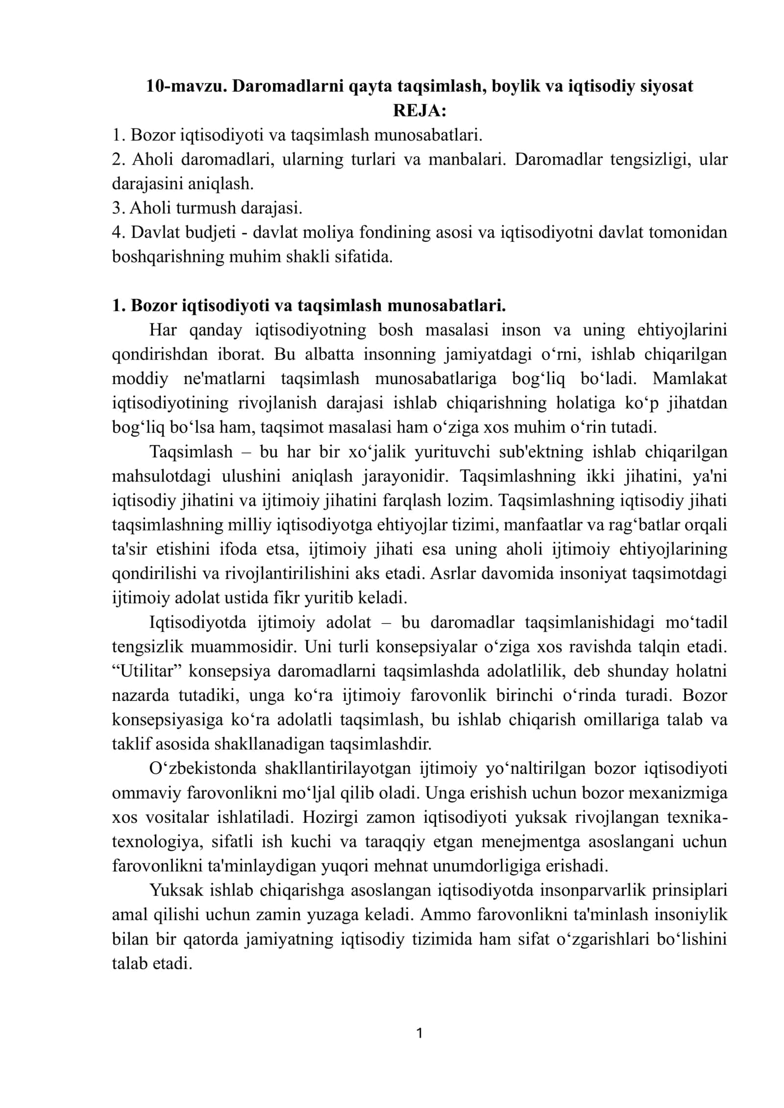 10-mavzu. Daromadlarni qayta taqsimlash, boylik va iqtisodiy siyosat 1
