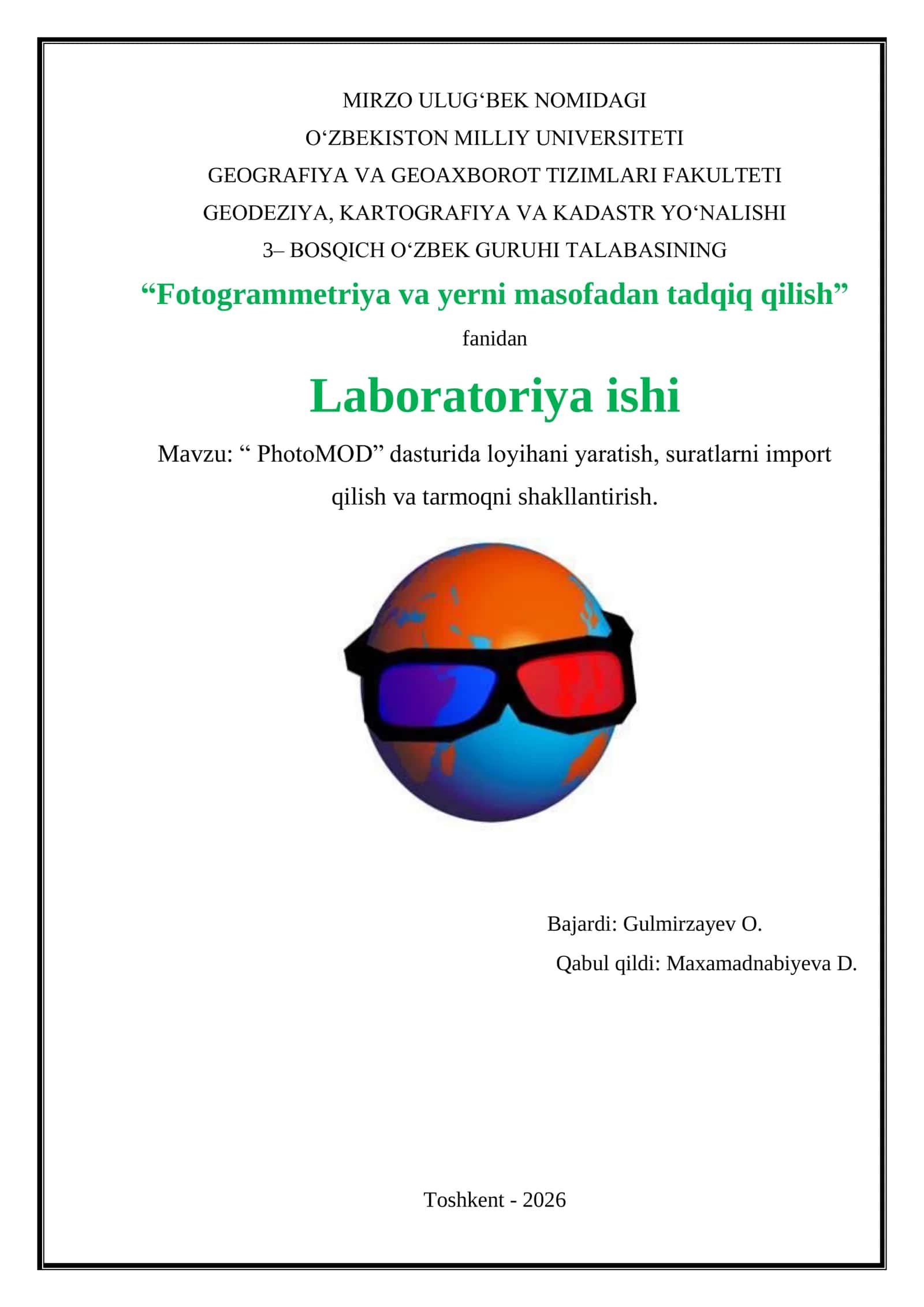 “PhotoMOD” dasturida loyihani yaratish, suratlarni import qilish va tarmoqni shakllantirish 1
