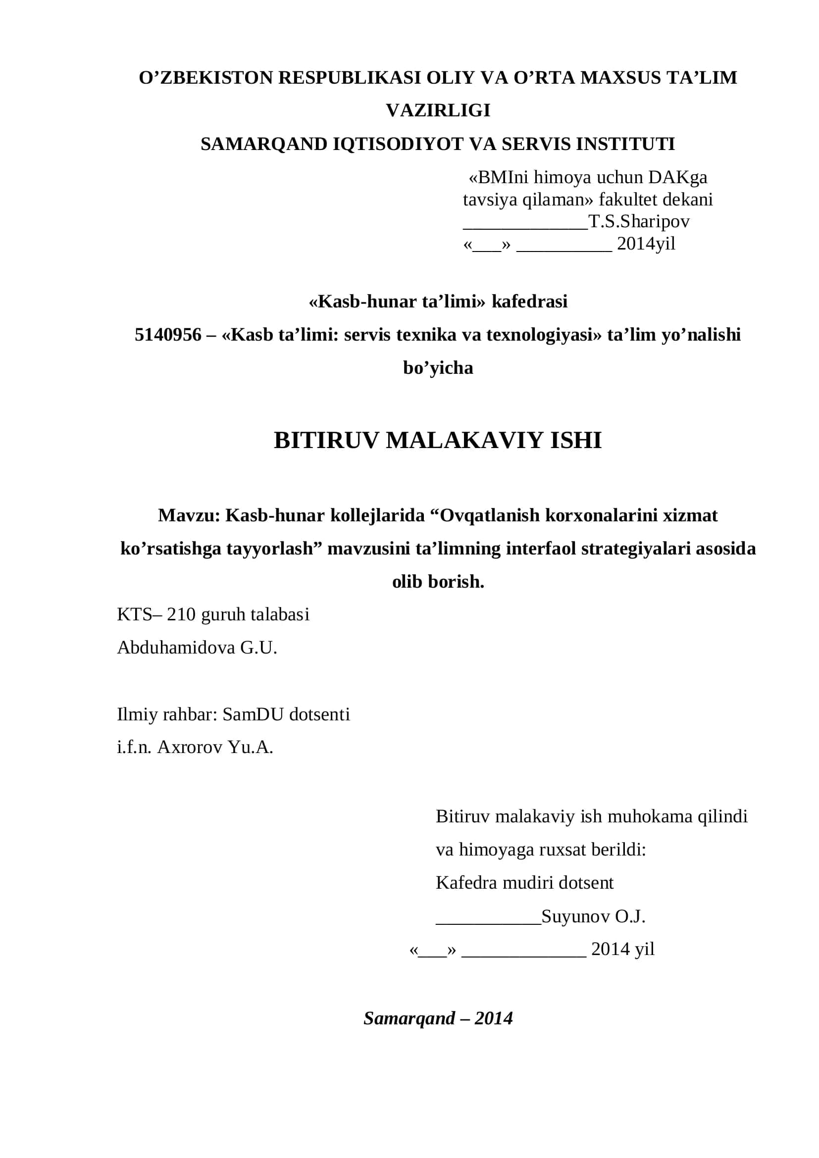Kasb ta’limi: servis texnika va texnologiyasi 1