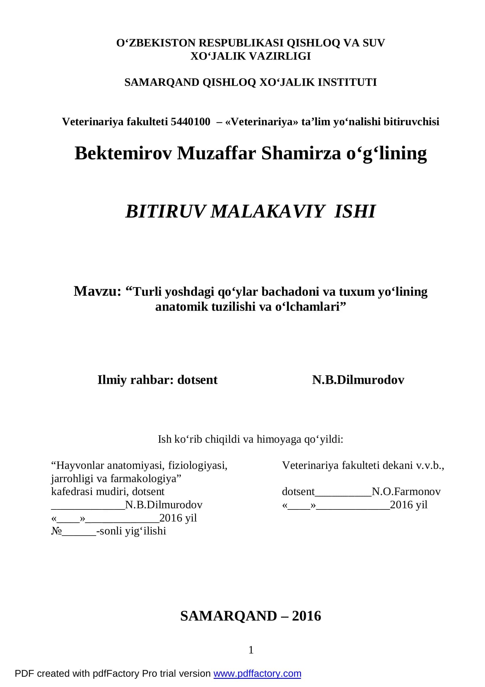 “Turli yoshdagi qo‘ylar bachadoni va tuxum yo‘lining anatomik tuzilishi va o‘lchamlari” 1