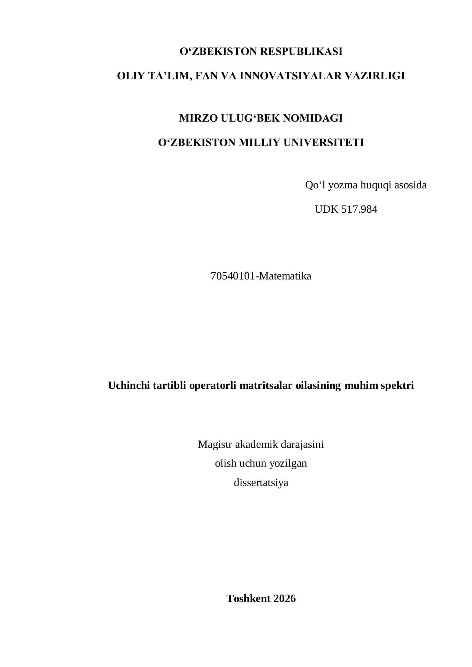 Uchinchi tartibli operatorli matritsalar oilasining muhim spektri 1