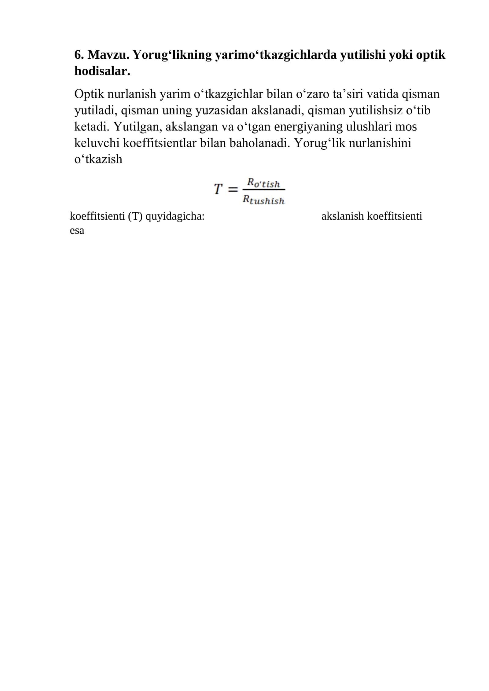 Yorug‘likning yarimo‘tkazgichlarda yutilishi yoki optik hodisalar 1