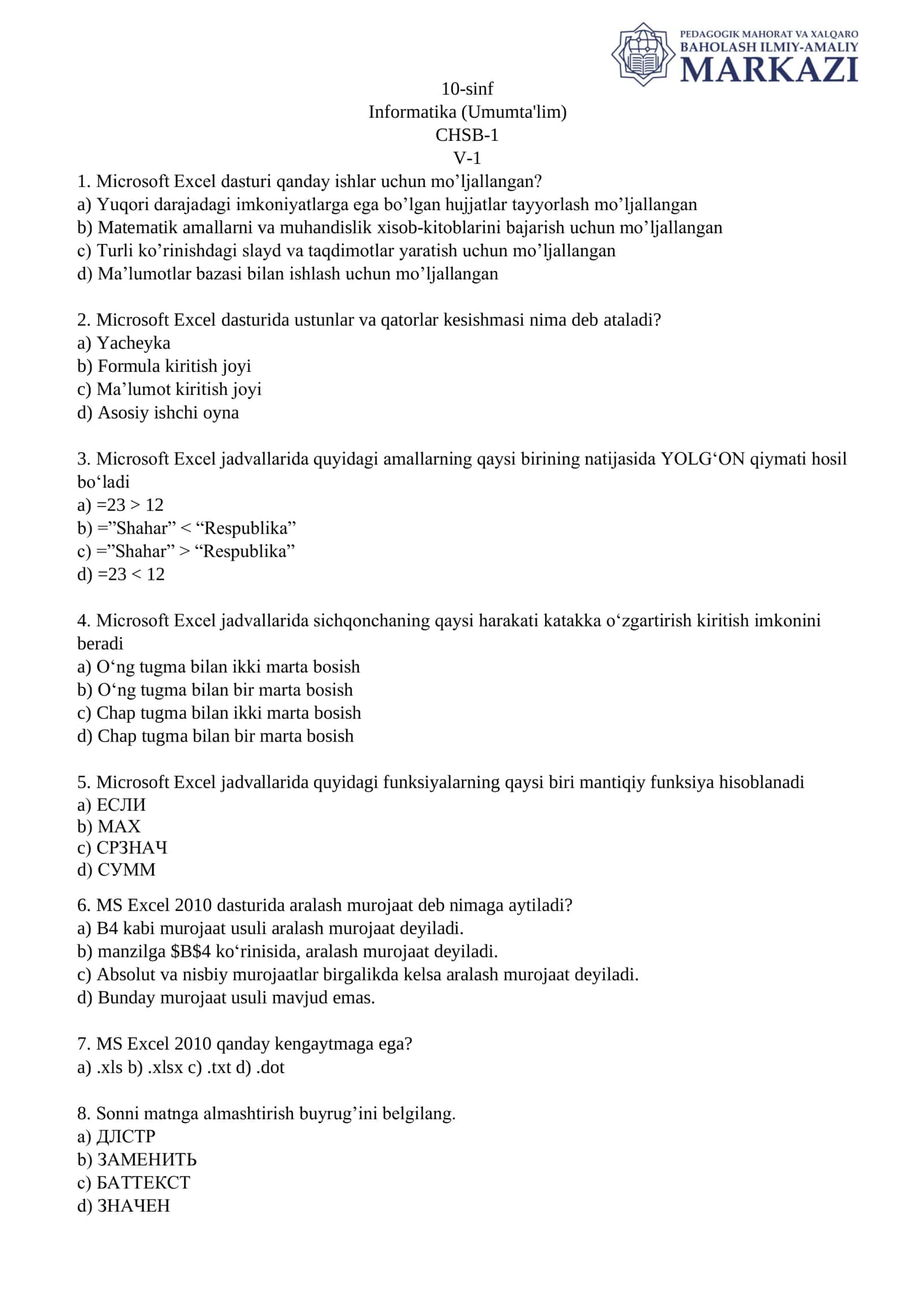 Informatika (Umumta'lim) 1