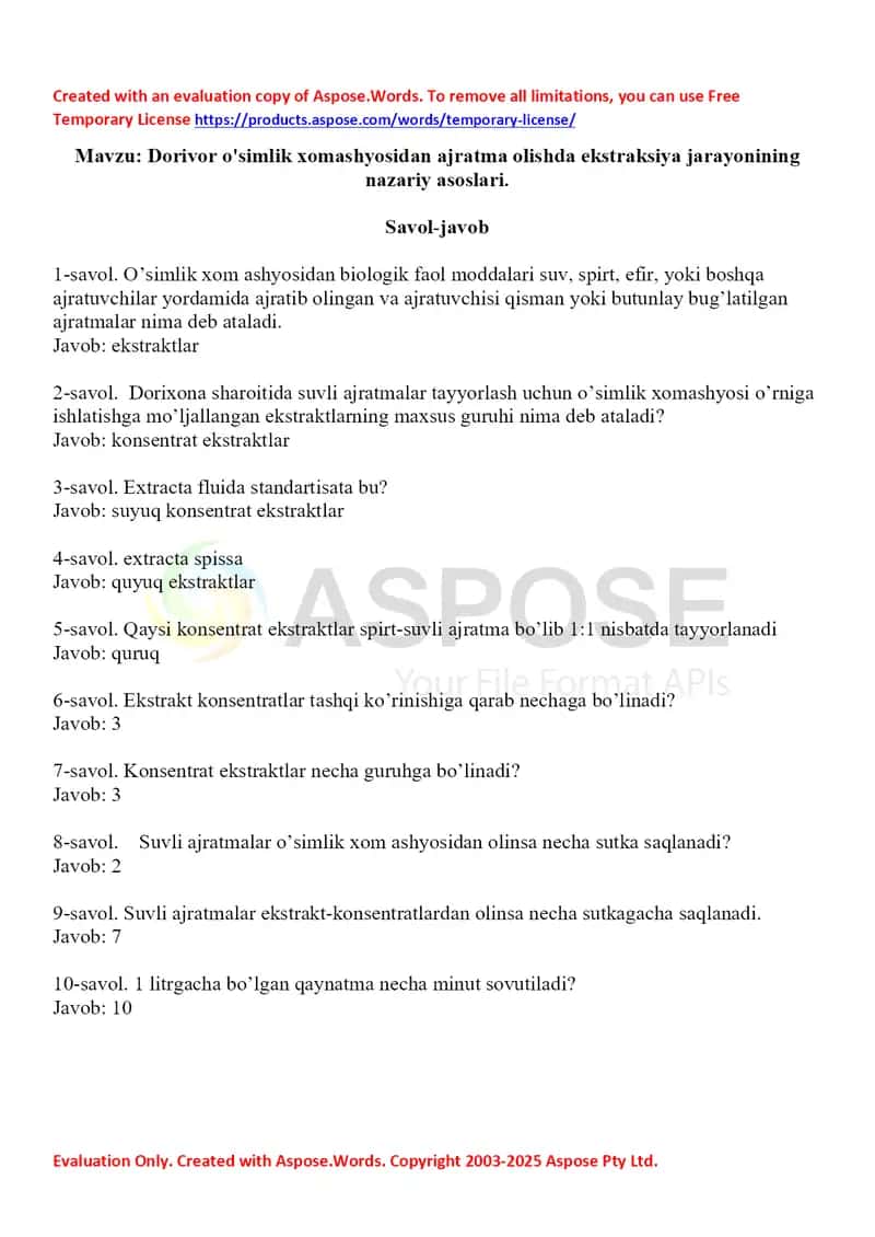 Dorivor o'simlik xomashyosidan ajratma olishda ekstraksiya jarayonining nazariy asoslari. Savol-javob 10 ta. 1
