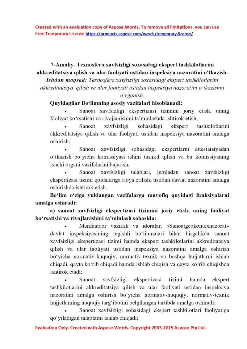 Ekspert tashkilotlarini akkreditatsiya qilish va ular faoliyati ustidan inspeksiya nazoratini o‘tkazish 1