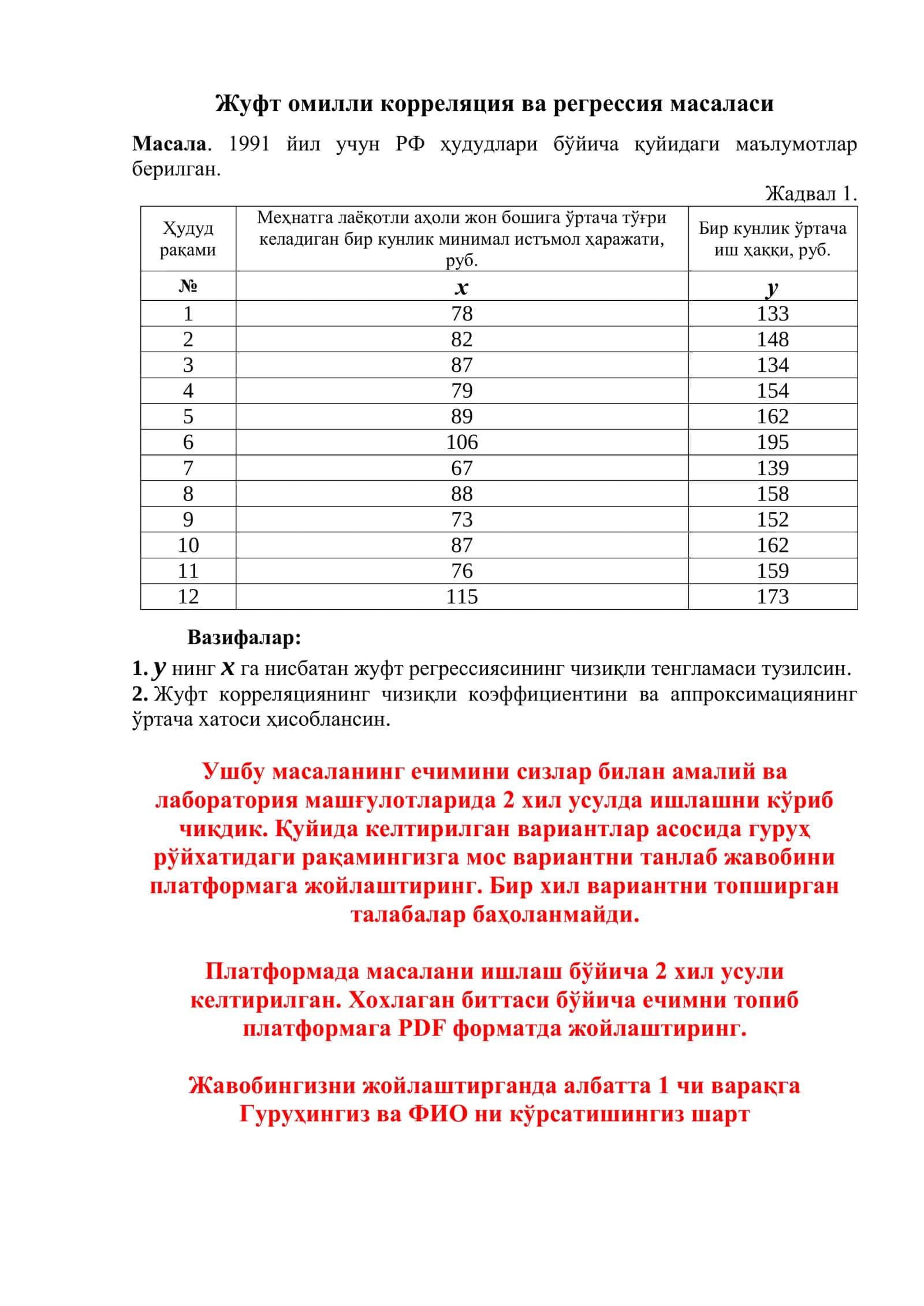 Жуфт омилли корреляция ва регрессия масаласи 1