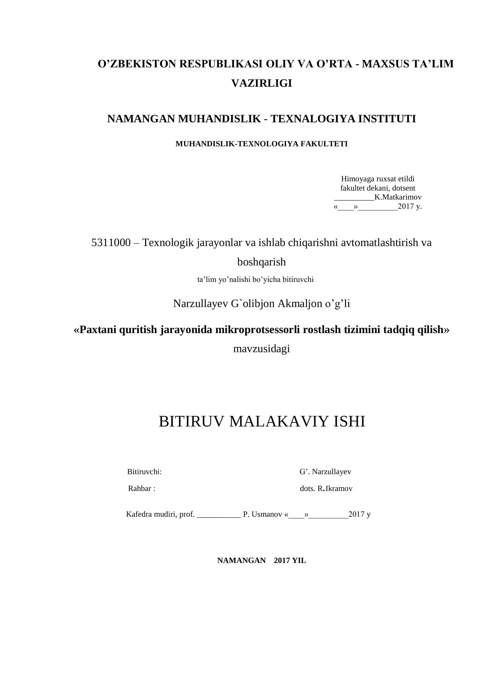 Paxtani quritish jarayonida mikroprotsessorli rostlash tizimini tadqiq qilish 1
