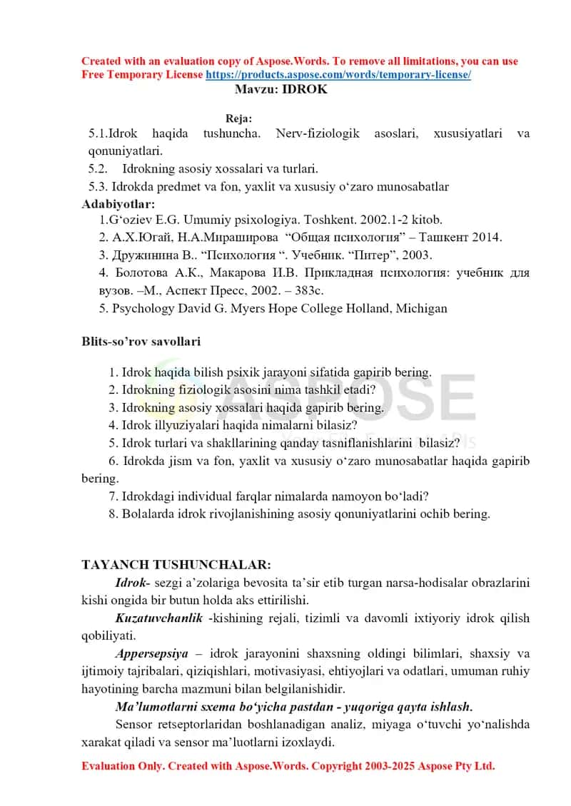 Idrok haqida tushuncha. Nerv-fiziologik asoslari, xususiyatlari va qonuniyatlari 1