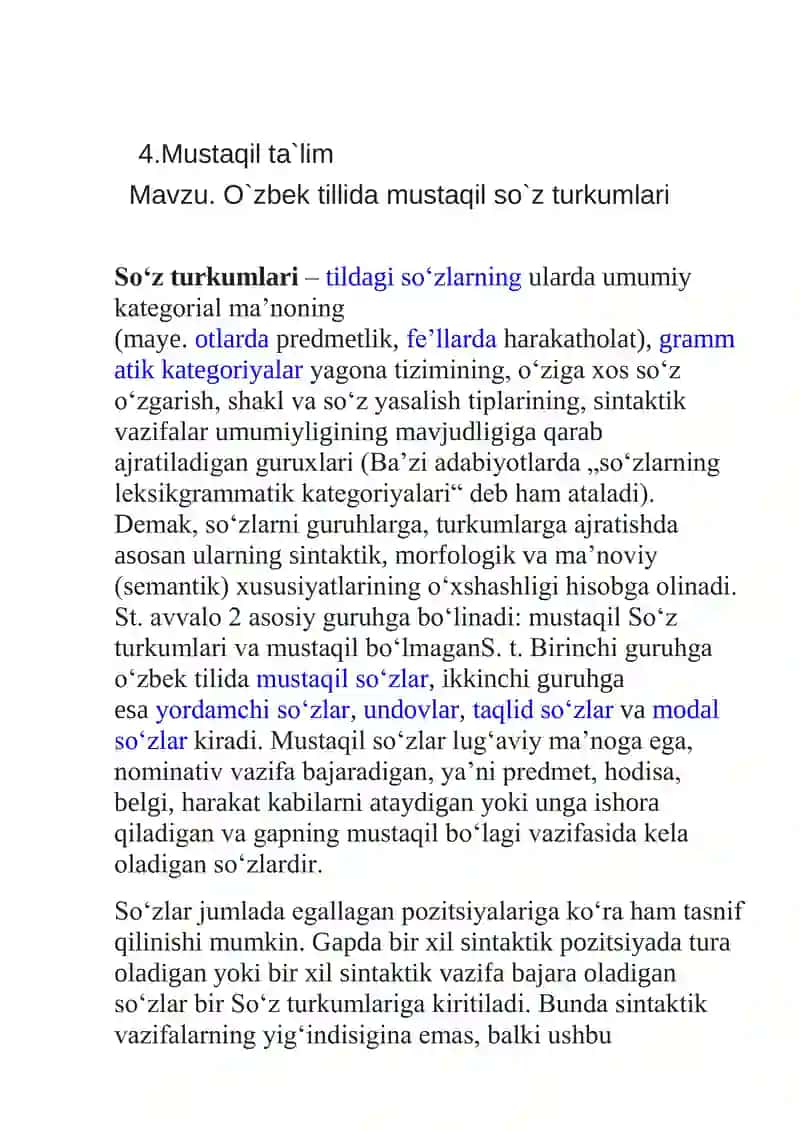 O`zbek tillida mustaqil so`z turkumlari