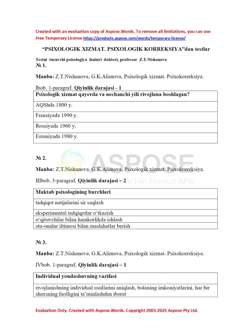 PSIXOLOGIK XIZMAT. PSIXOLOGIK KORREKSIYA testlari 1