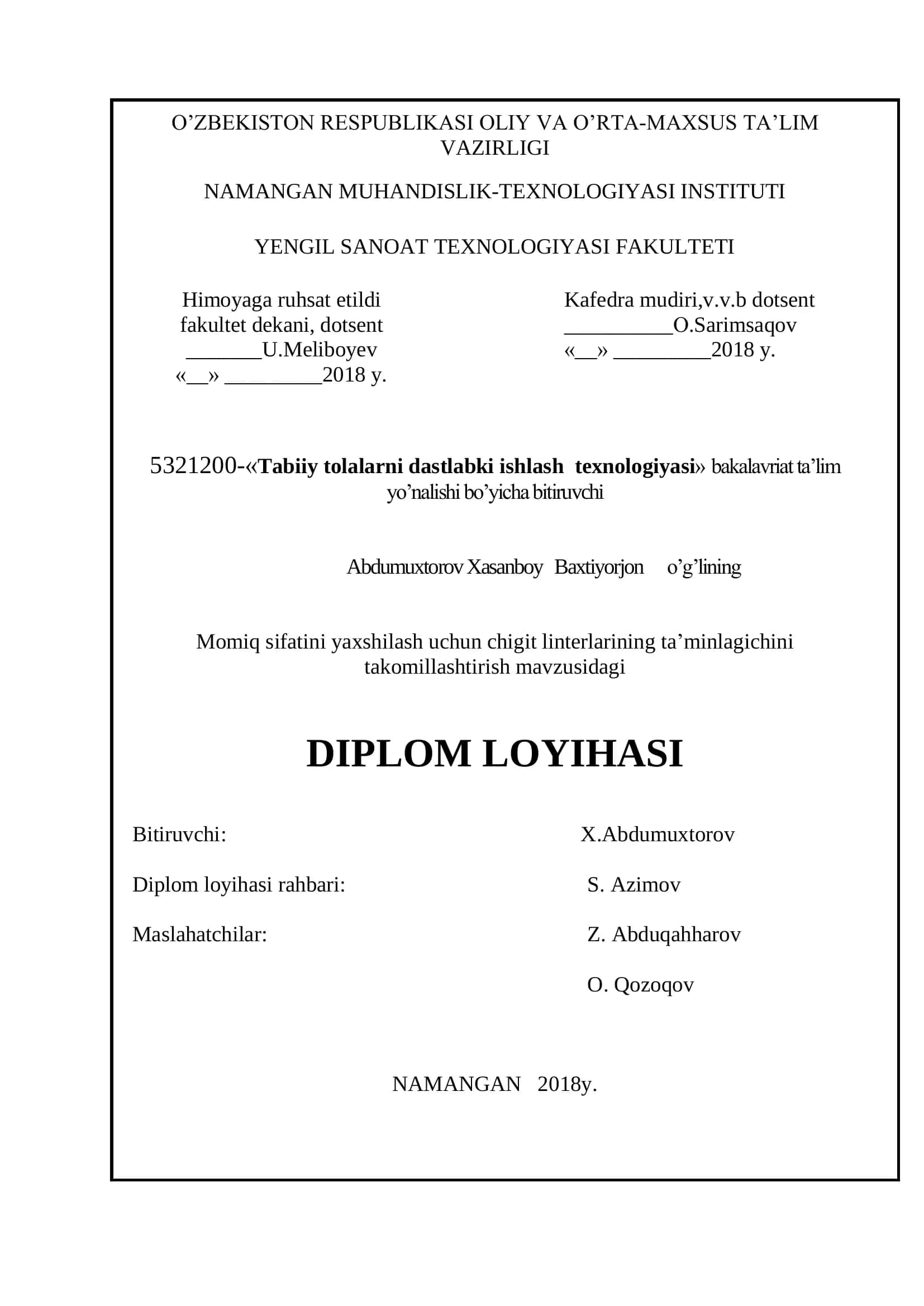 Tabiiy tolalarni dastlabki ishlash texnologiyasi bakalavriat ta'lim bitiruvchi Diplom loyihasi 1