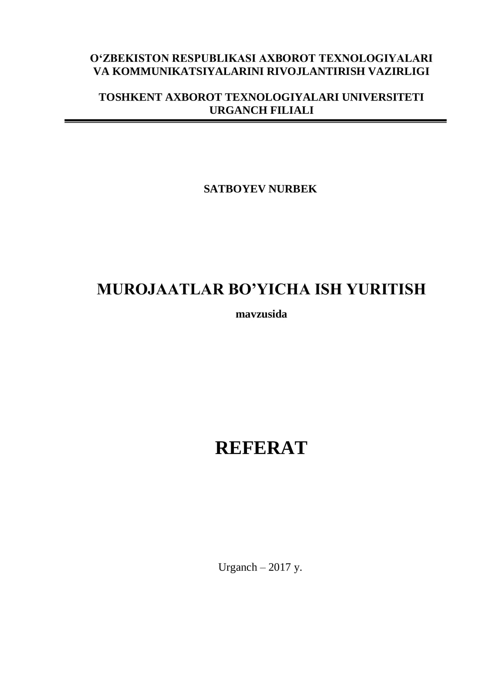 Murojaatlar bo’yicha ish yuritish - REFERAT 1