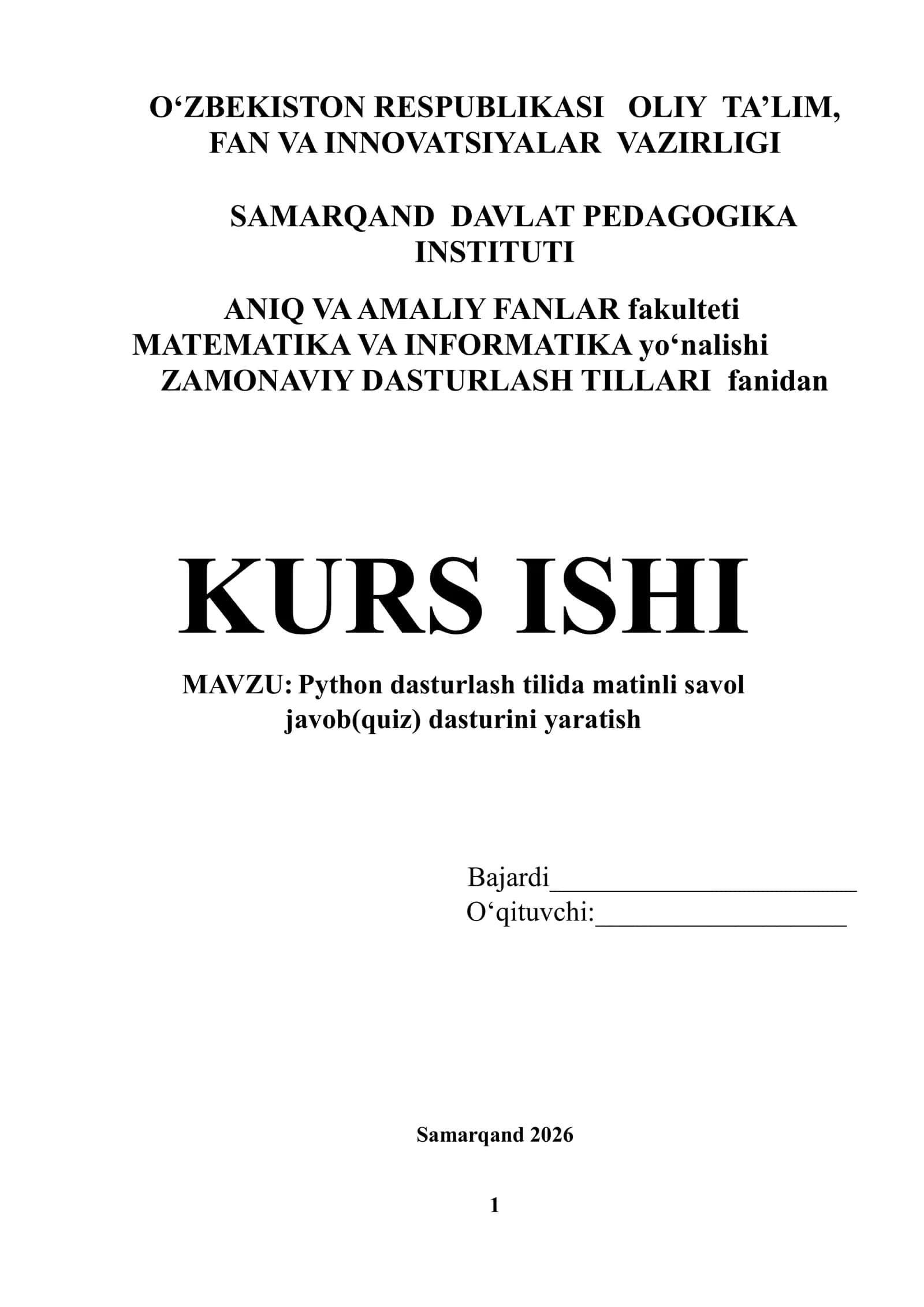 Python dasturlash tilida matinli savol javob quiz dasturini yaratish 1