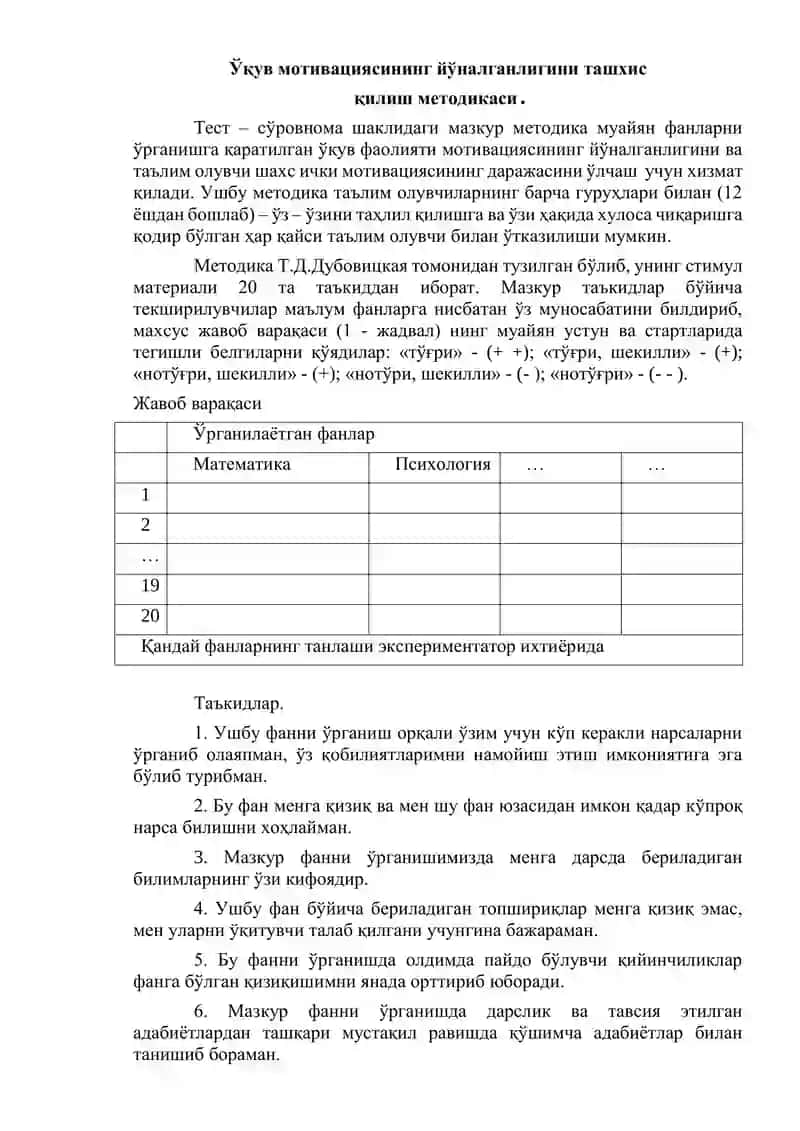 Тест – сўровнома шаклидаги мазкур методика