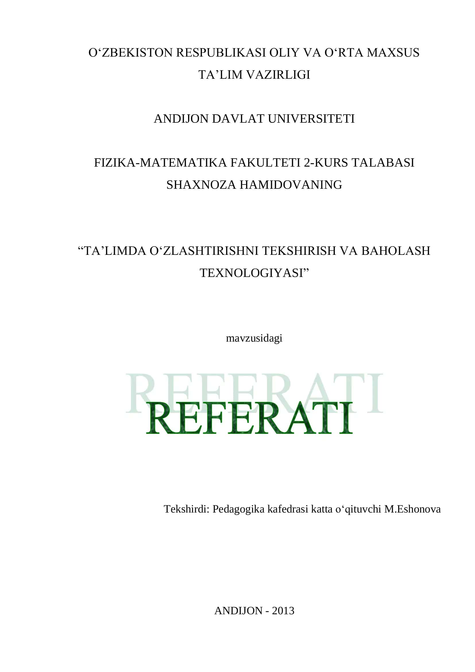 TA’LIMDA O`ZLASHTIRISHNI TEKSHIRISH VA BAHOLASH TEXNOLOGIYASI 1