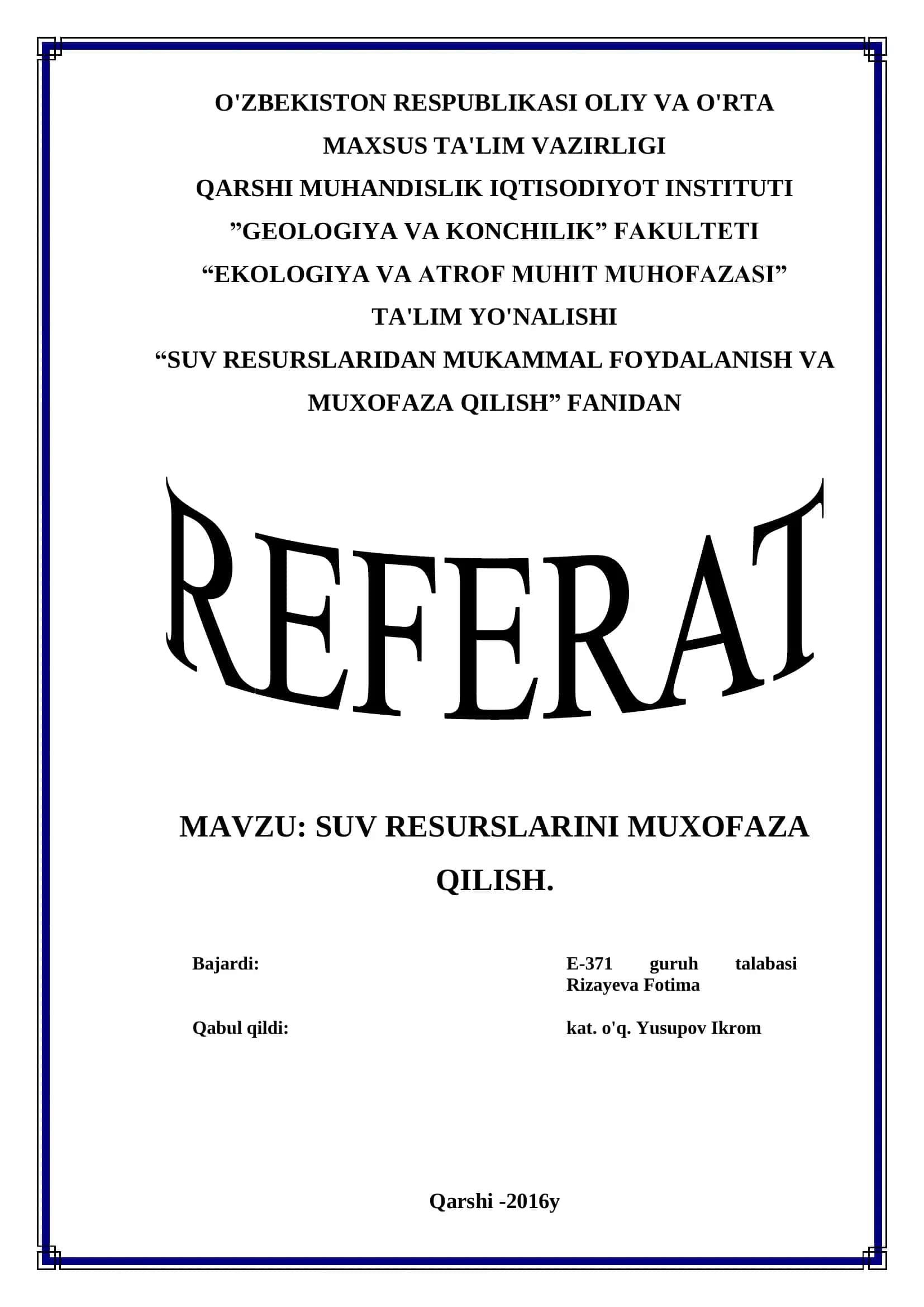 SUV RESURSLARINI MUHOFAZA QILISH 1