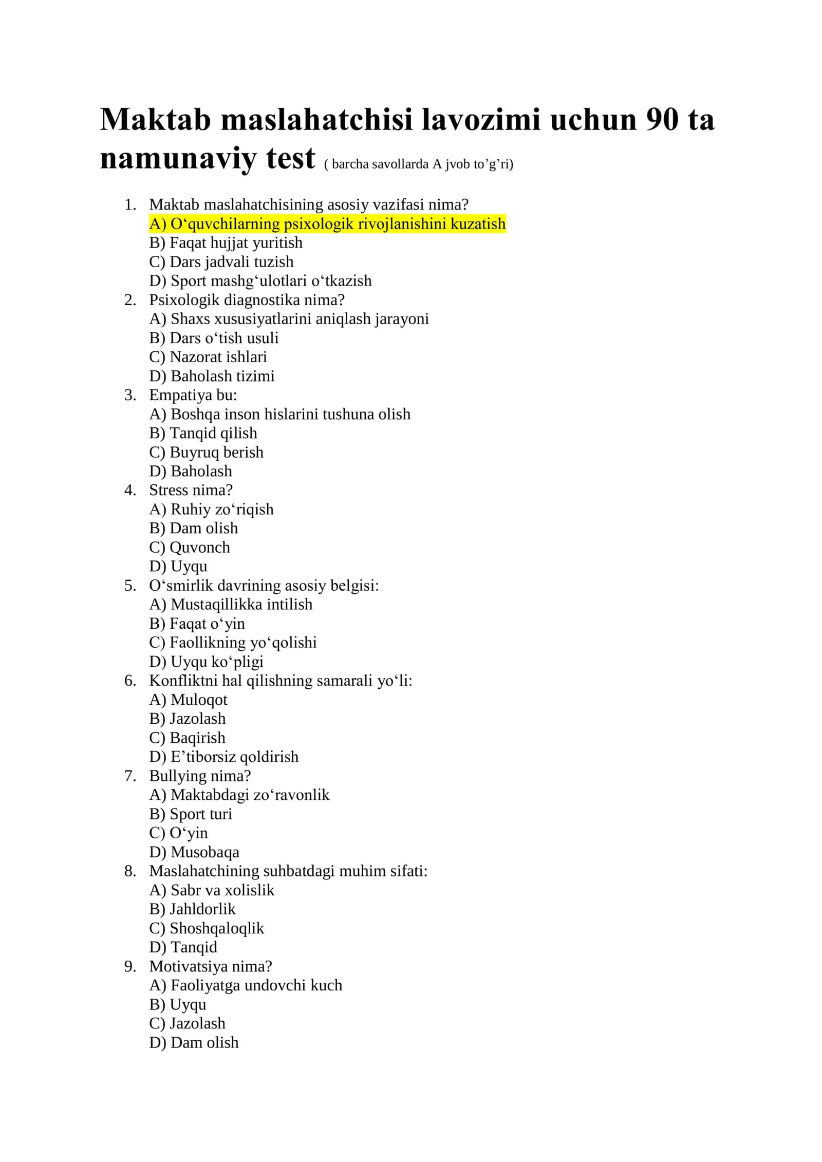 Maktab maslahatchisi uchun test 1
